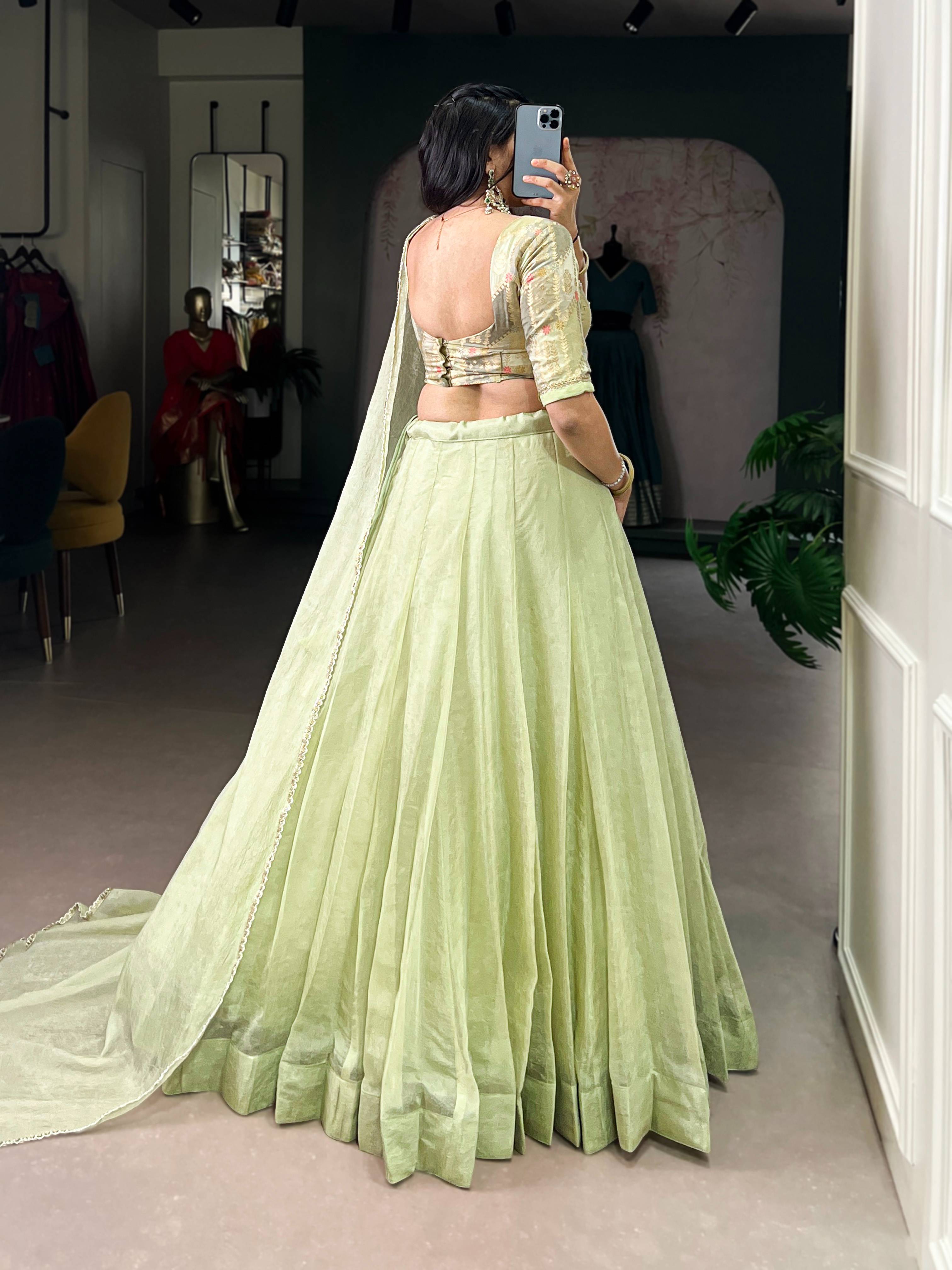 Tea Green Allen Crush Lehenga with Beadwork Blouse