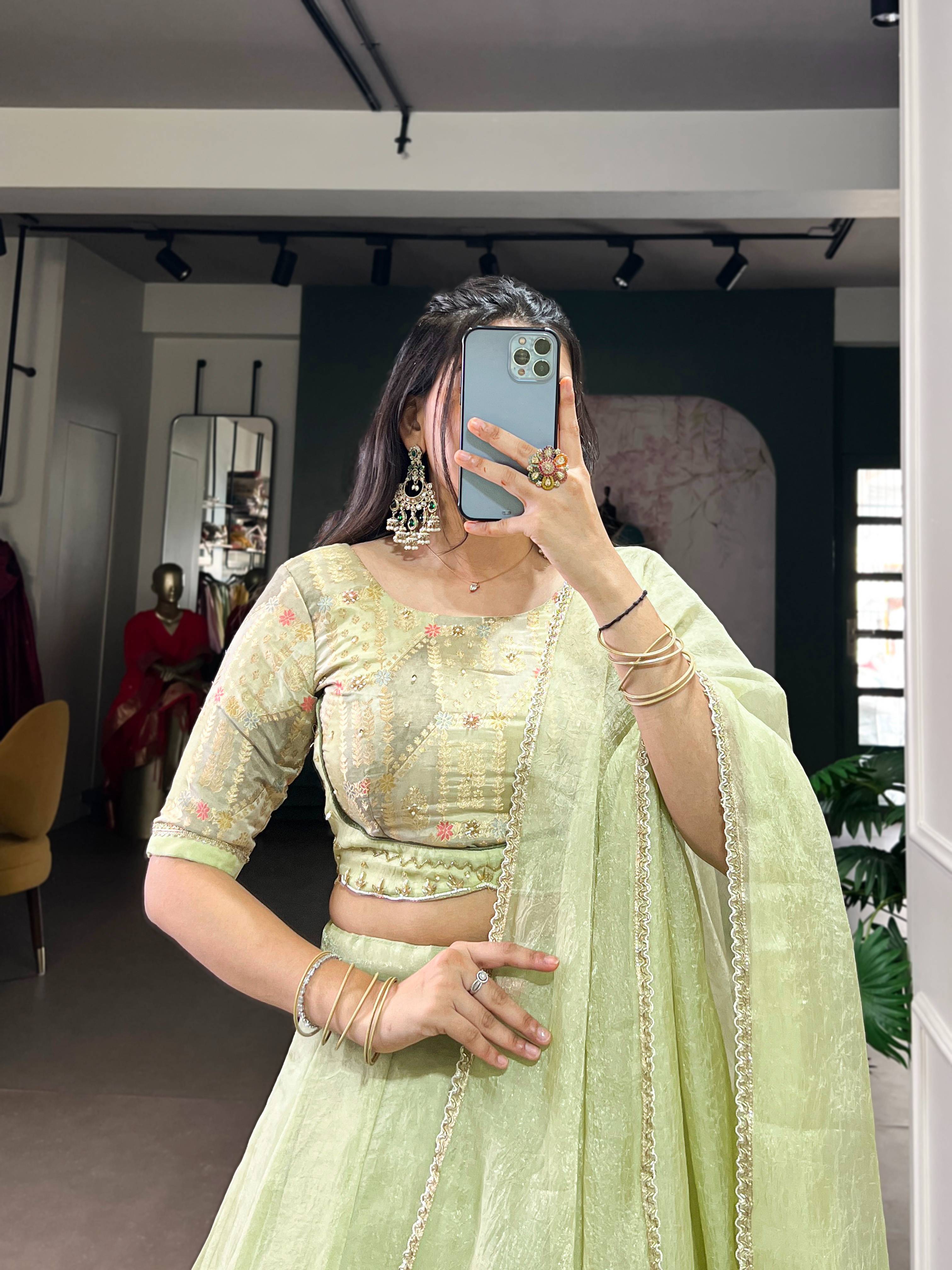 Tea Green Allen Crush Lehenga with Beadwork Blouse