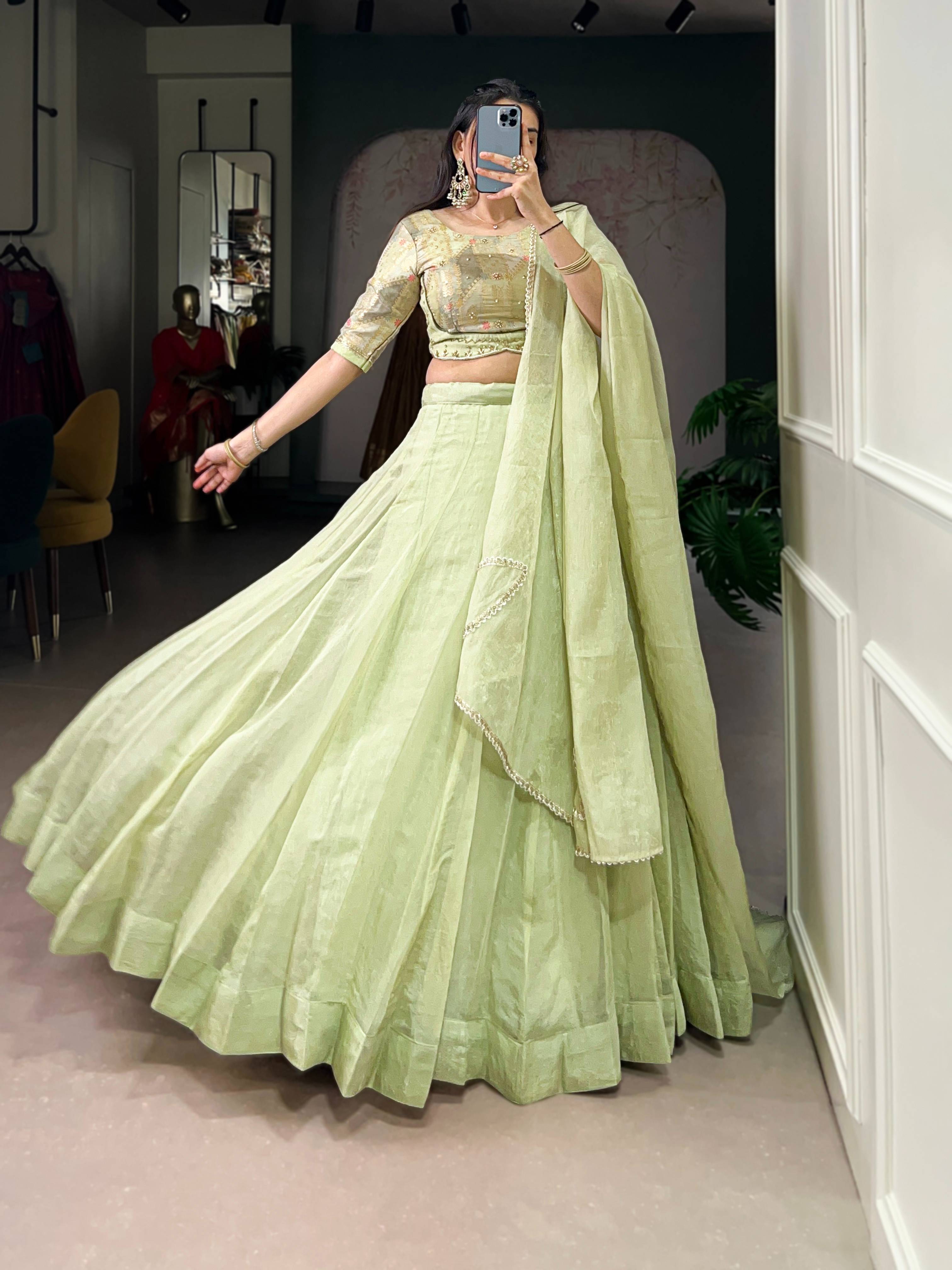 Tea Green Allen Crush Lehenga with Beadwork Blouse