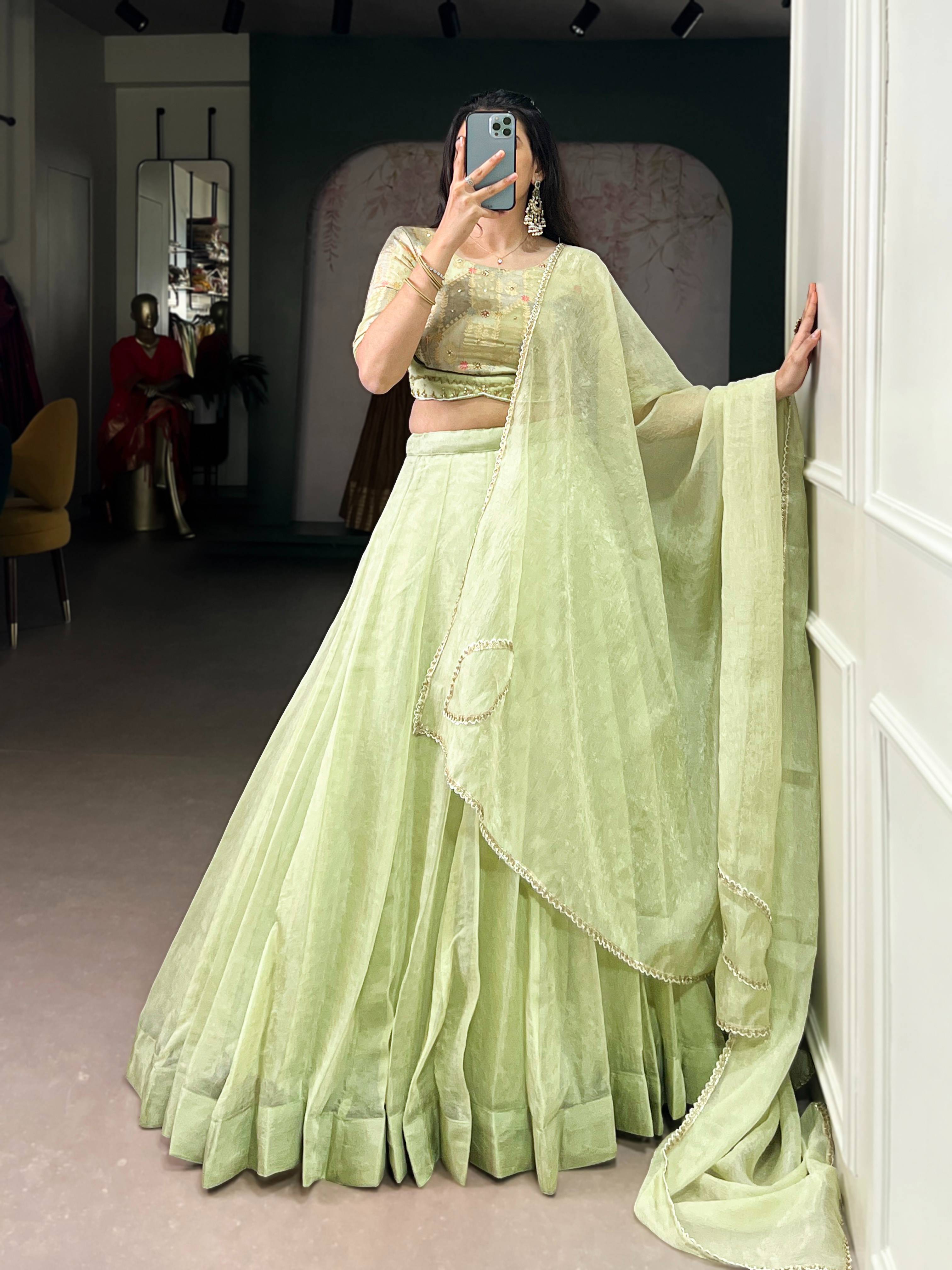 Tea Green Allen Crush Lehenga with Beadwork Blouse