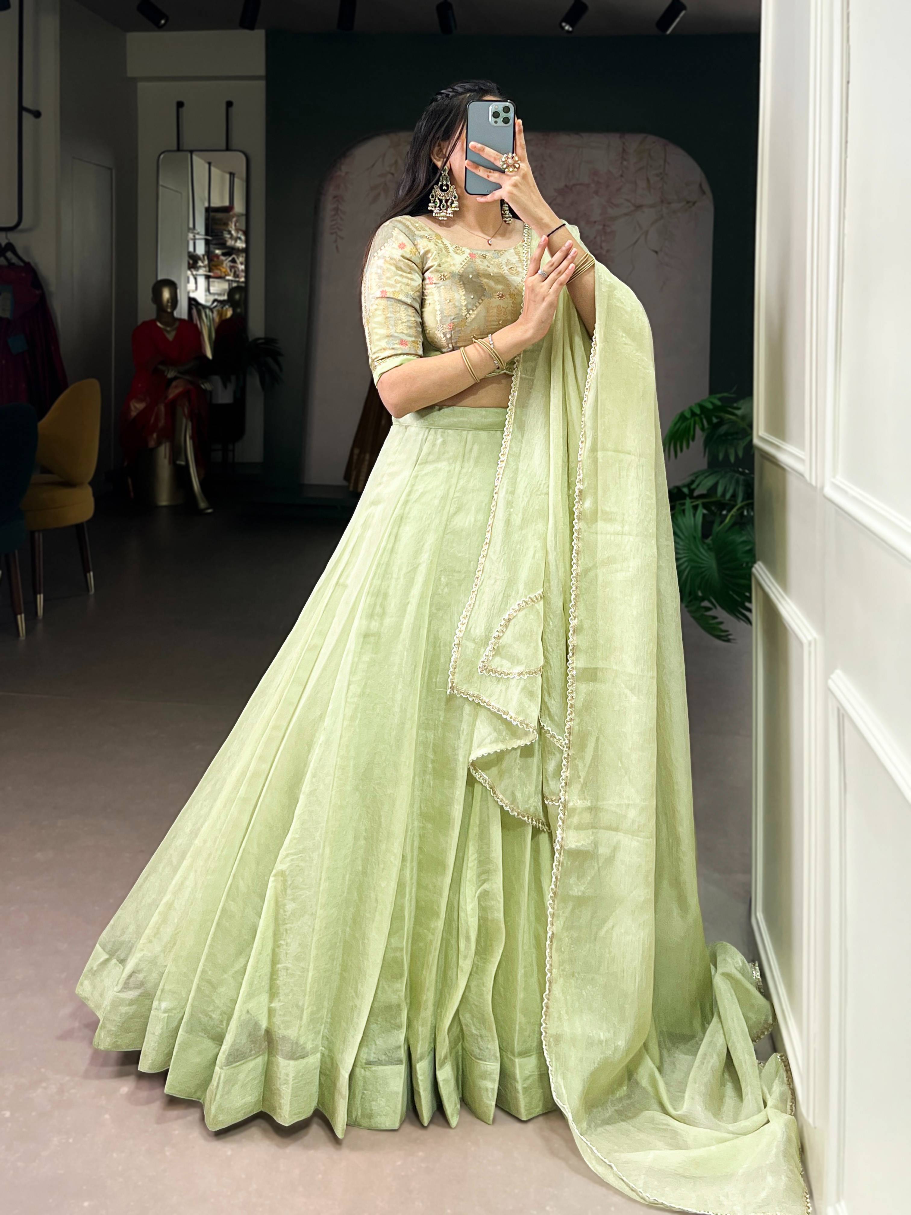 Tea Green Allen Crush Lehenga with Beadwork Blouse