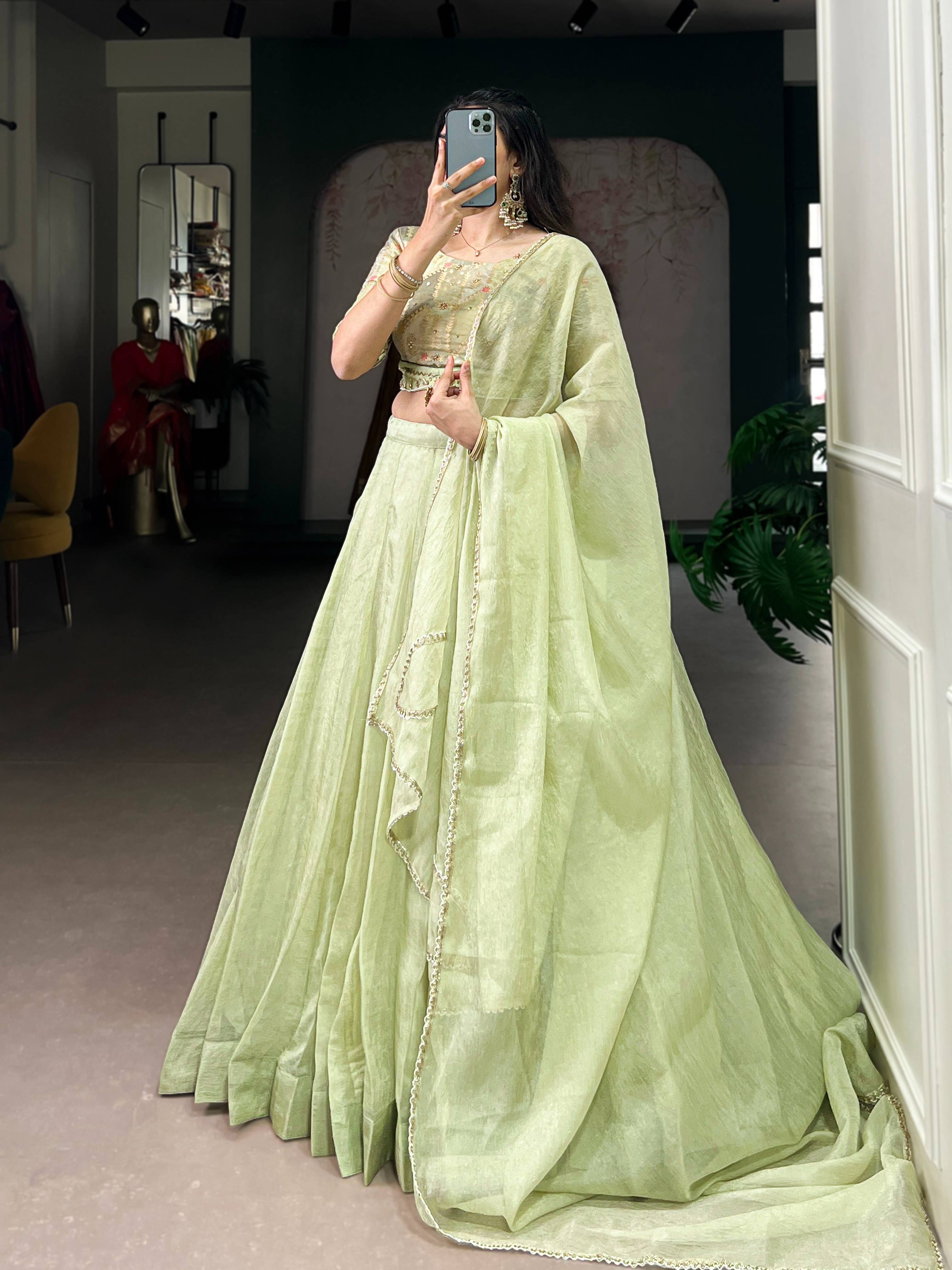 Tea Green Allen Crush Lehenga with Beadwork Blouse