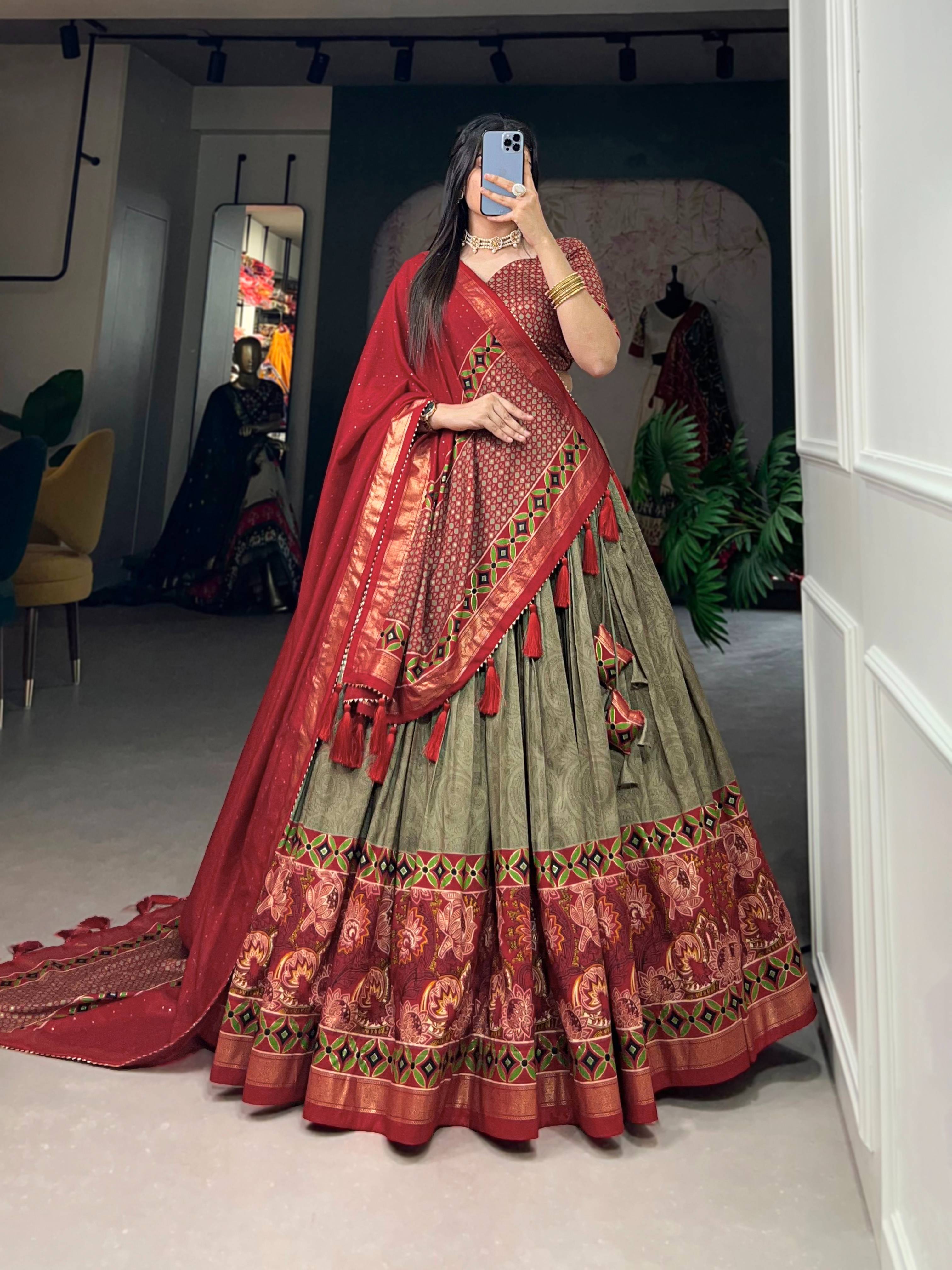 Tussar Silk Printed Red Lehenga Choli 🌷