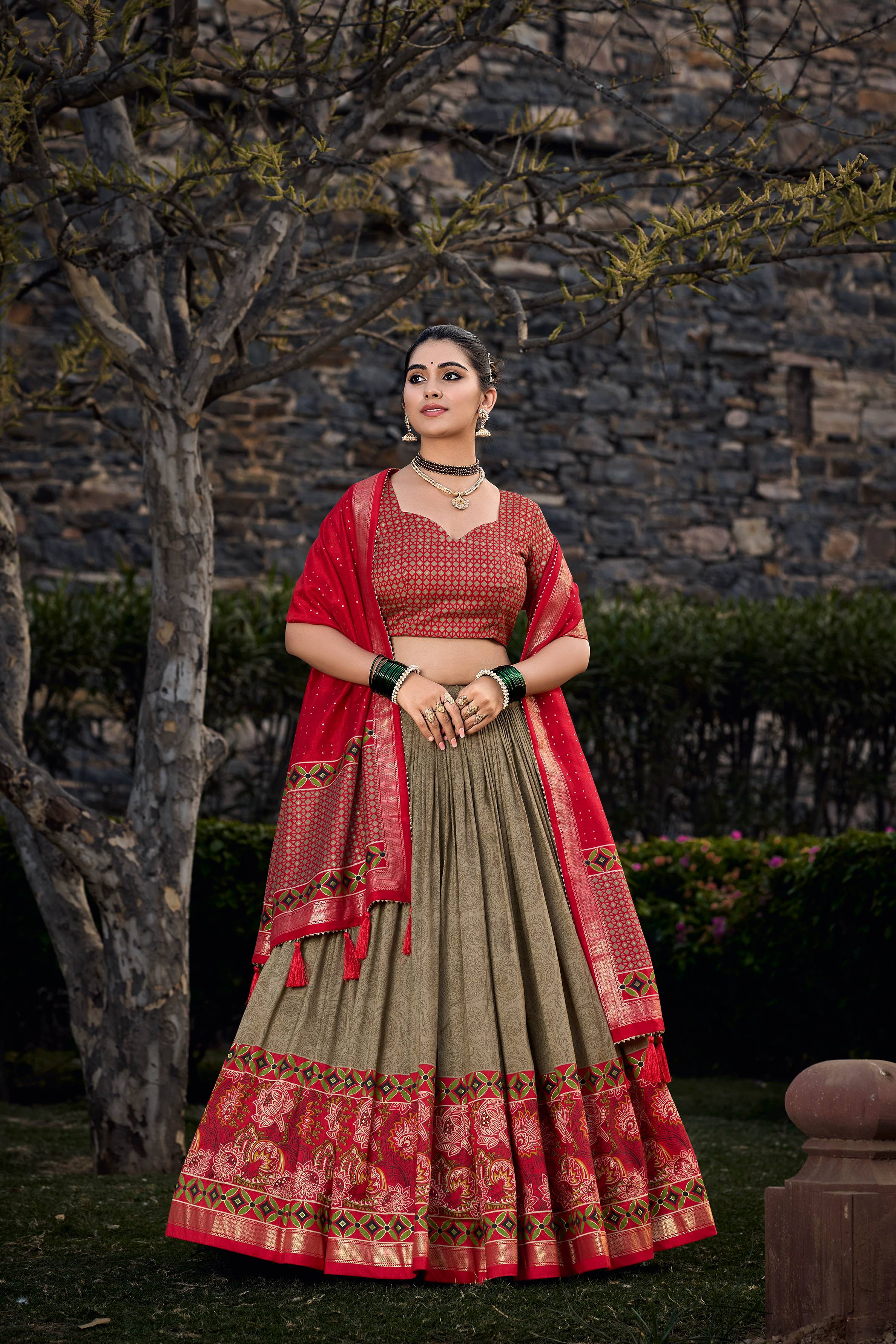Tussar Silk Printed Red Lehenga Choli 🌷