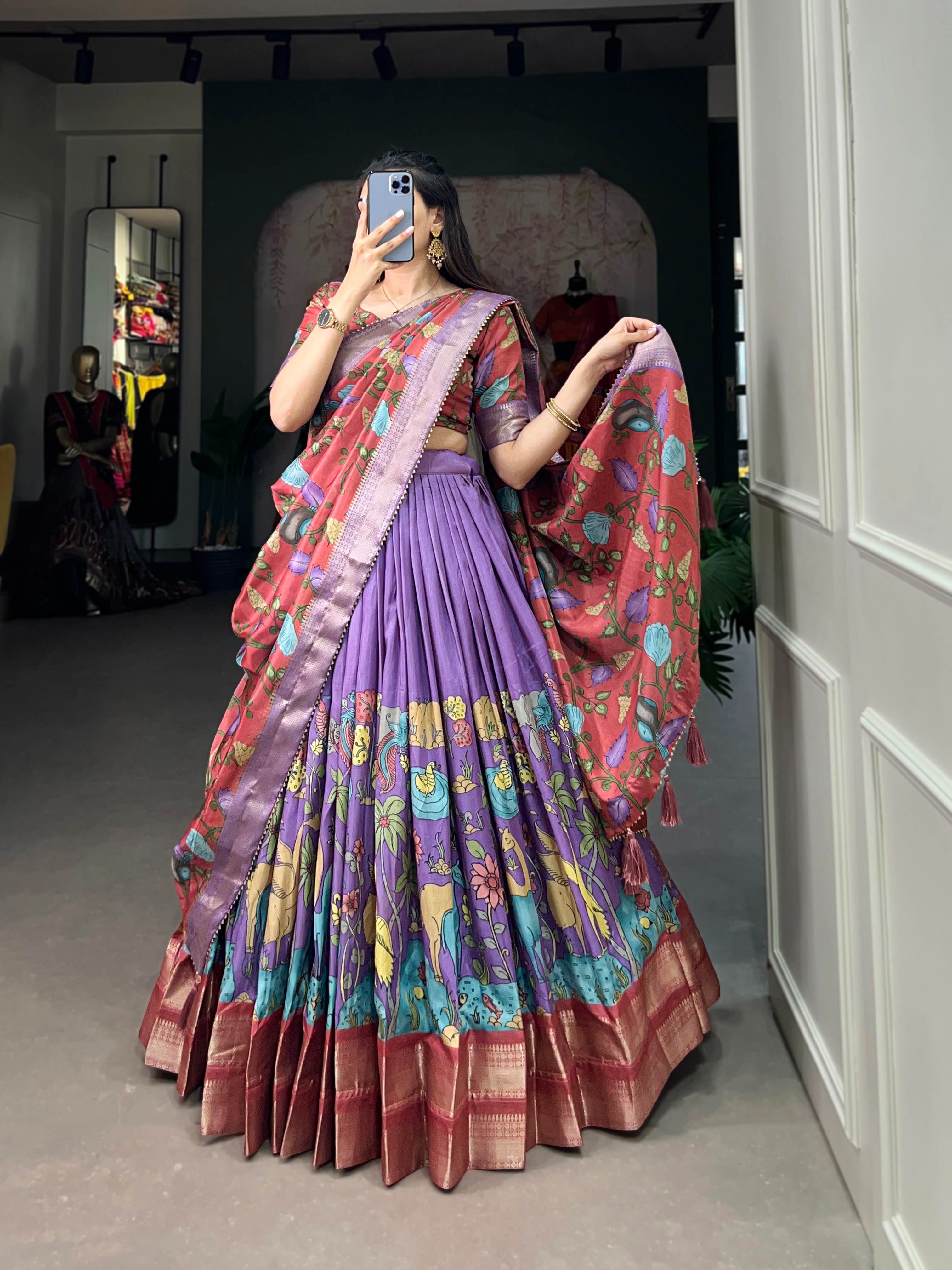 Akanksha Dola Silk Kalamkari Lehenga Choli