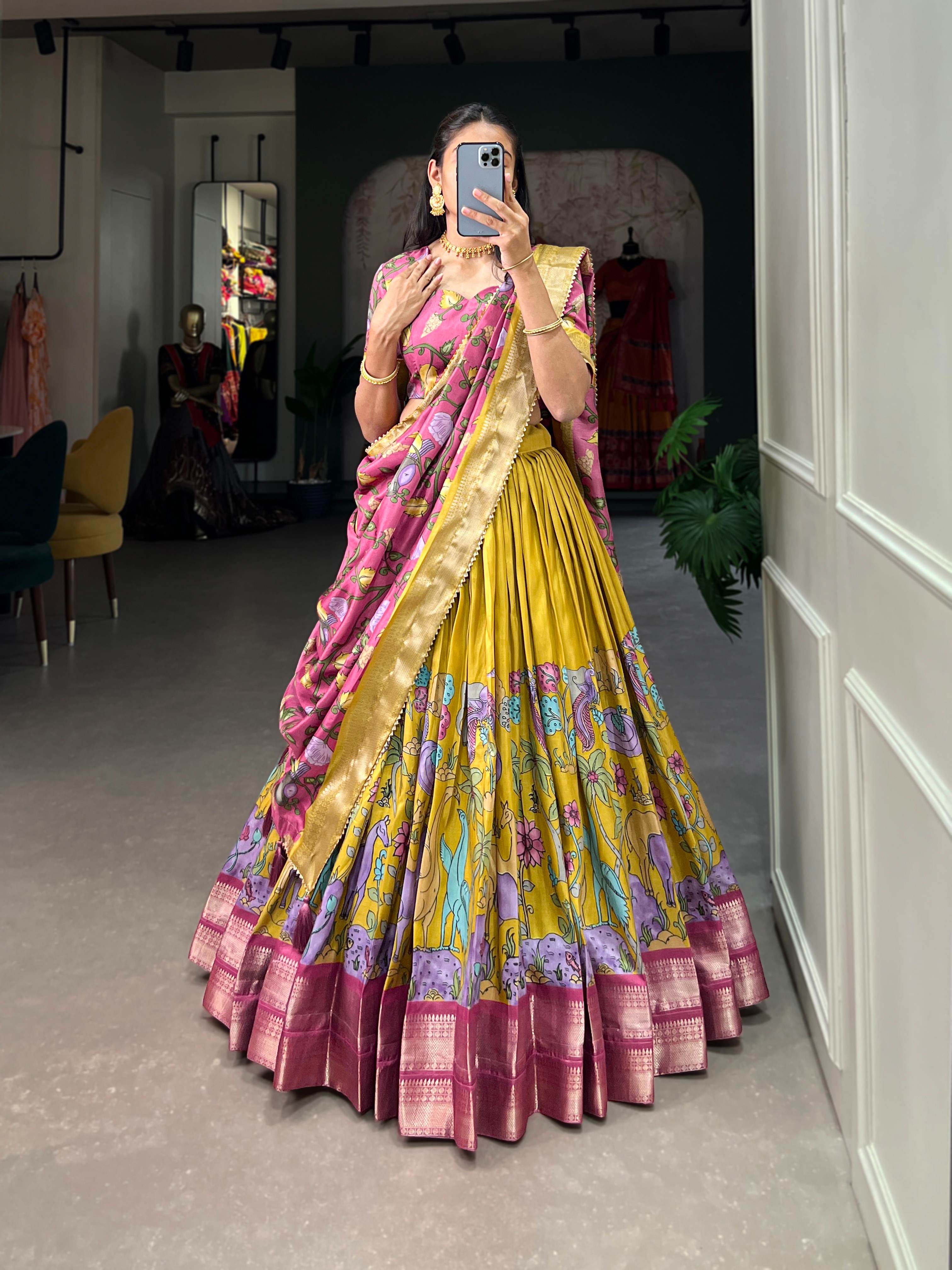 Akanksha Dola Silk Kalamkari Lehenga Choli