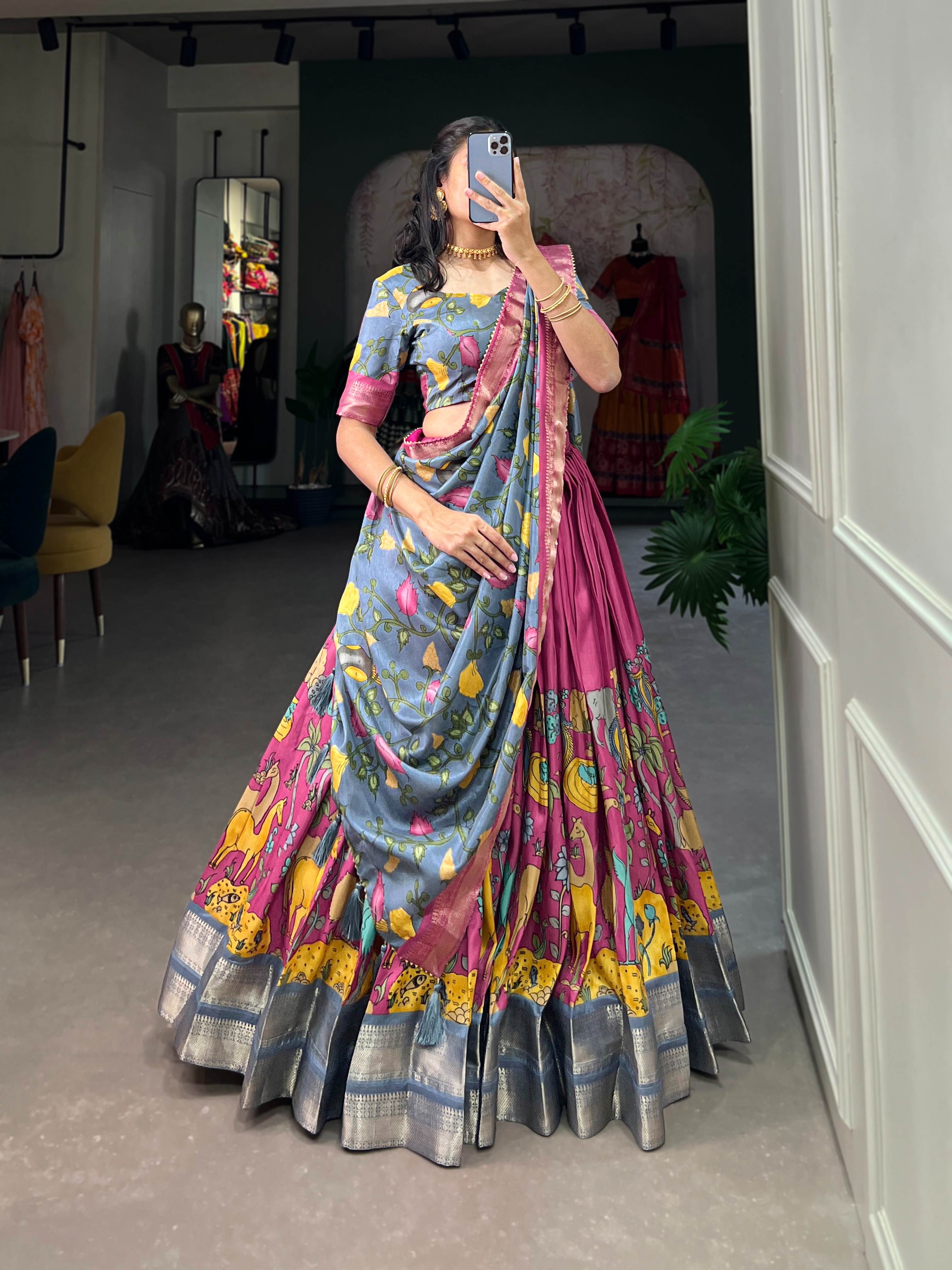 Akanksha Dola Silk Kalamkari Lehenga Choli