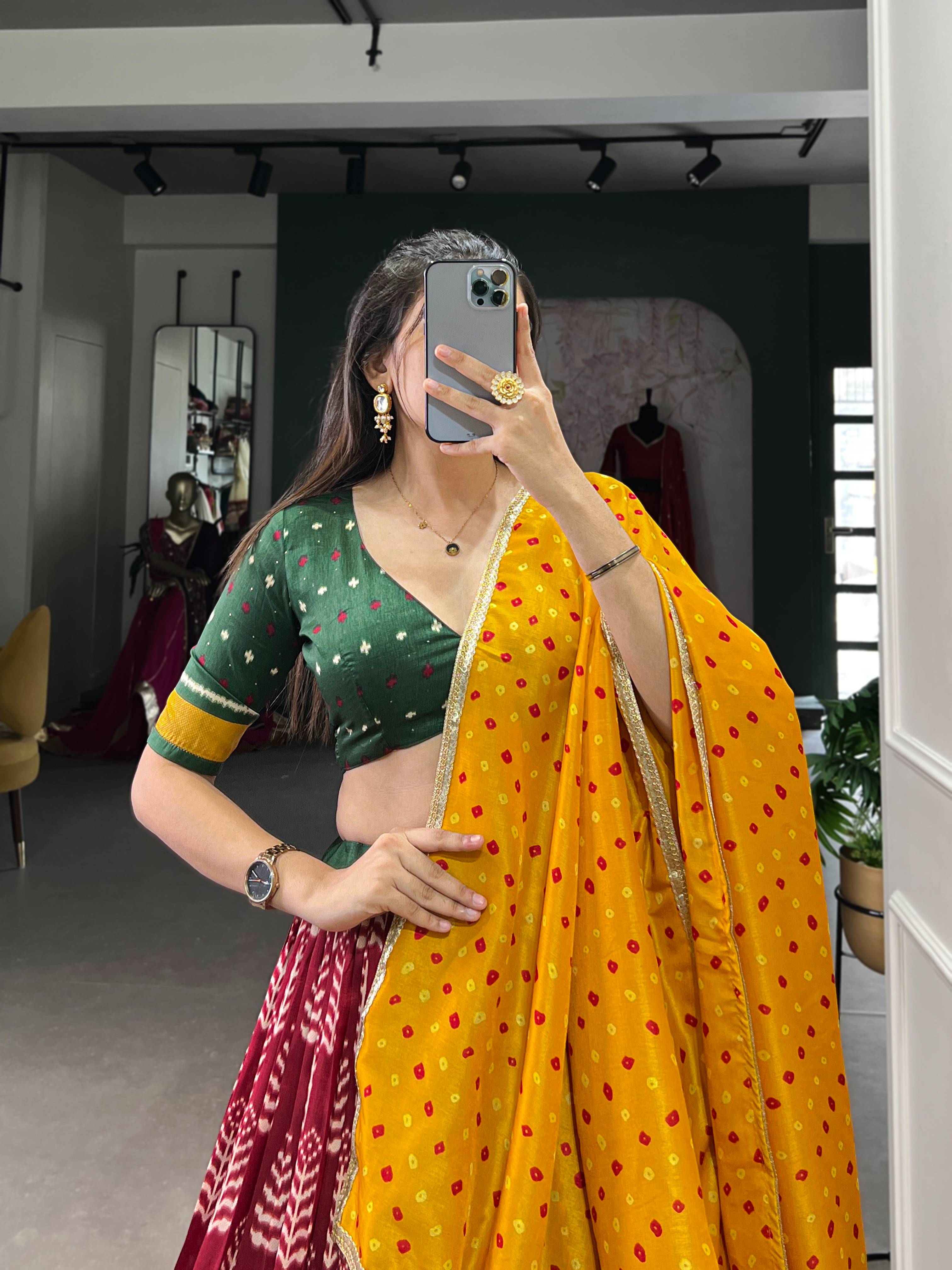 Royal Bandhej & Foil Print Tussar Silk Lehenga