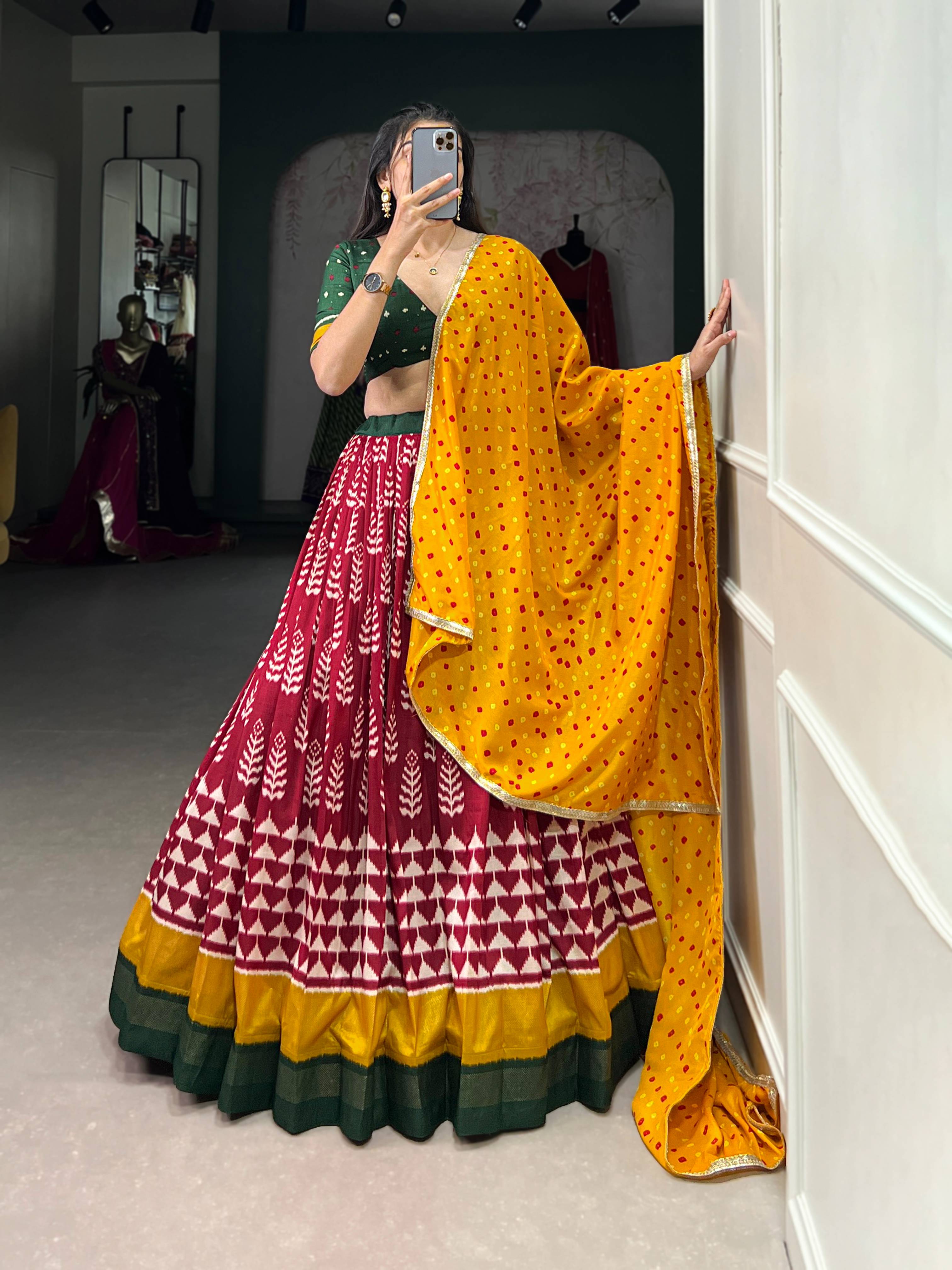 Royal Bandhej & Foil Print Tussar Silk Lehenga