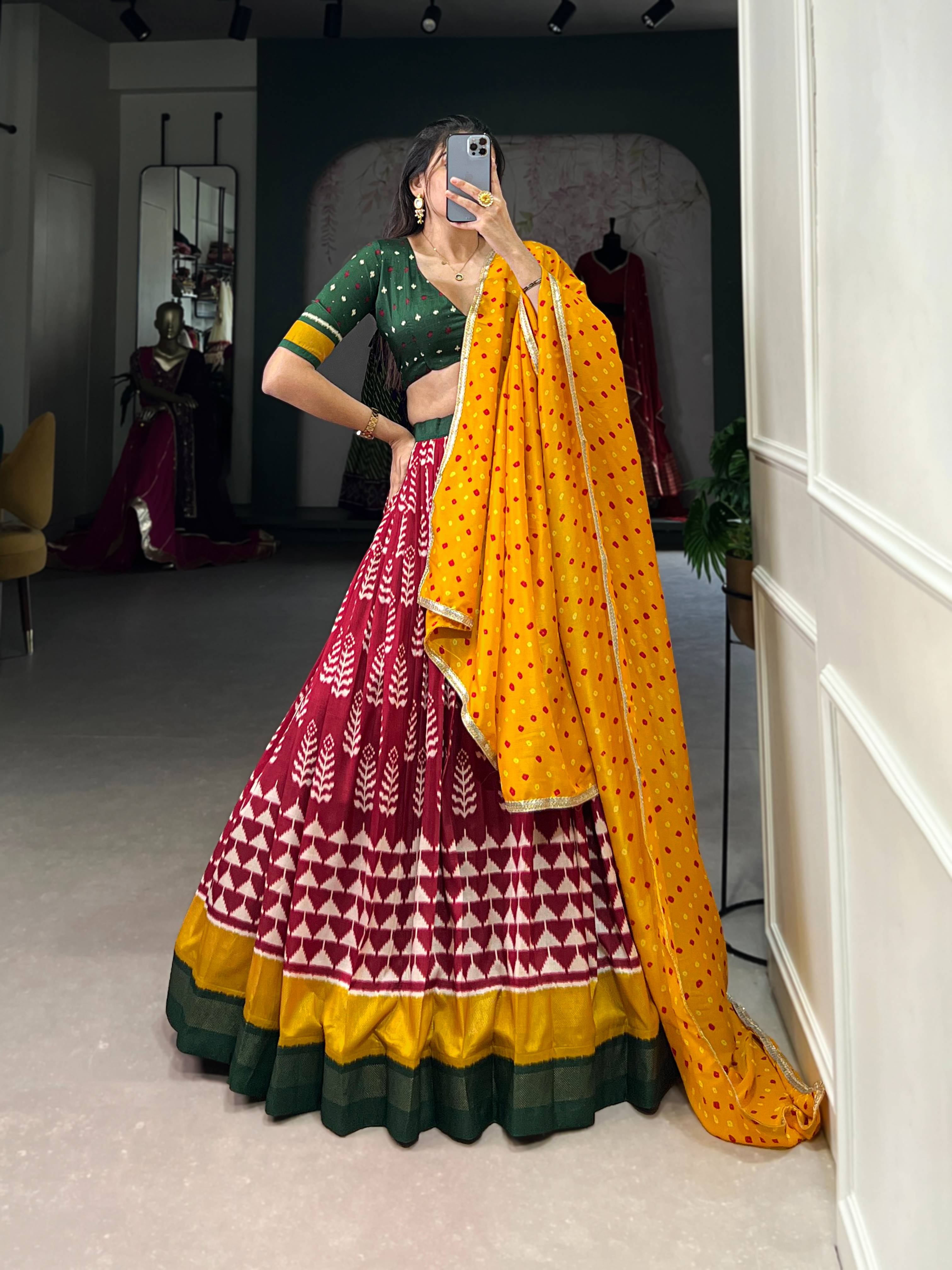 Royal Bandhej & Foil Print Tussar Silk Lehenga