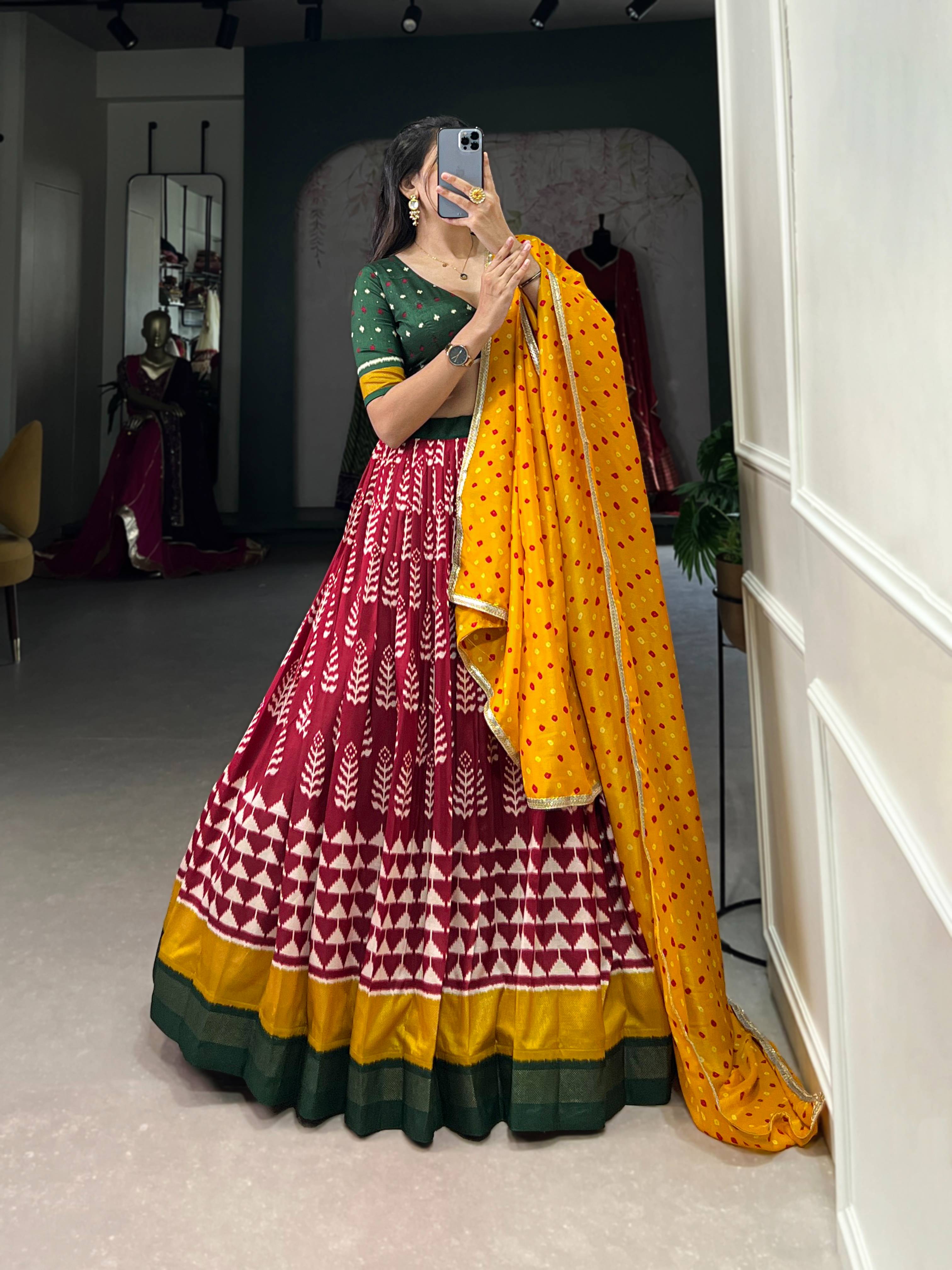 Royal Bandhej & Foil Print Tussar Silk Lehenga
