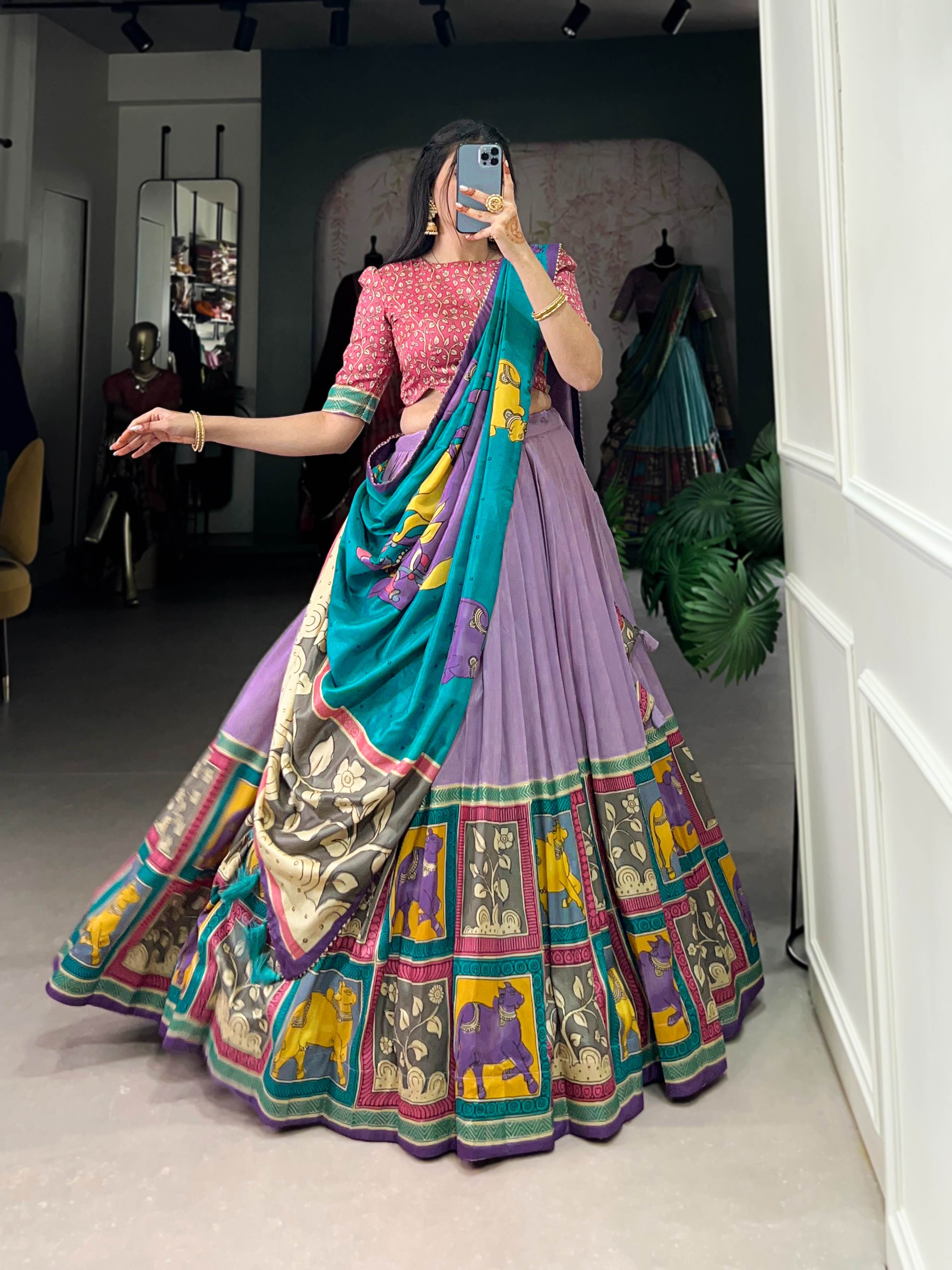 Vaishnavi Tasar Silk Kalamkari Lehenga Choli