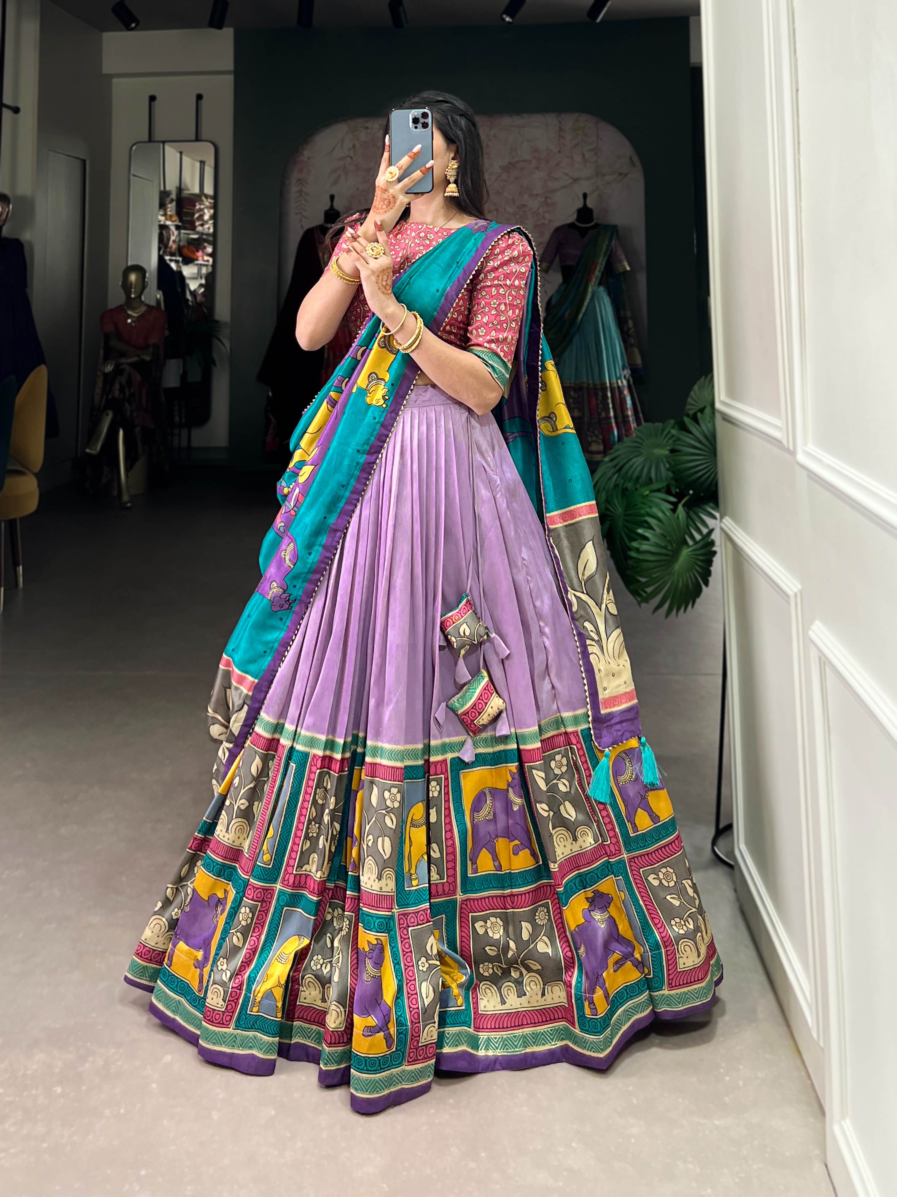 Vaishnavi Tasar Silk Kalamkari Lehenga Choli