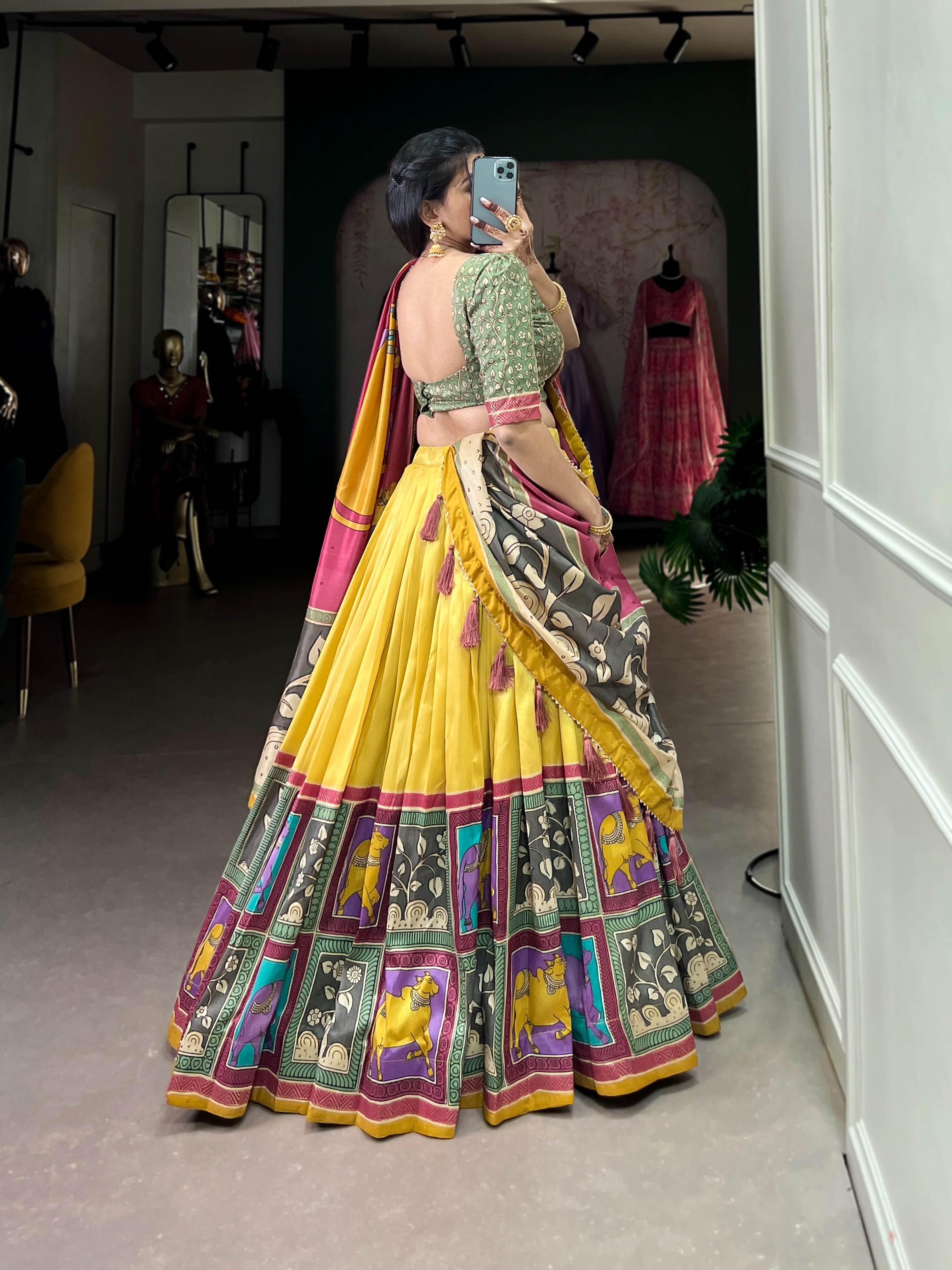 Vaishnavi Tasar Silk Kalamkari Lehenga Choli