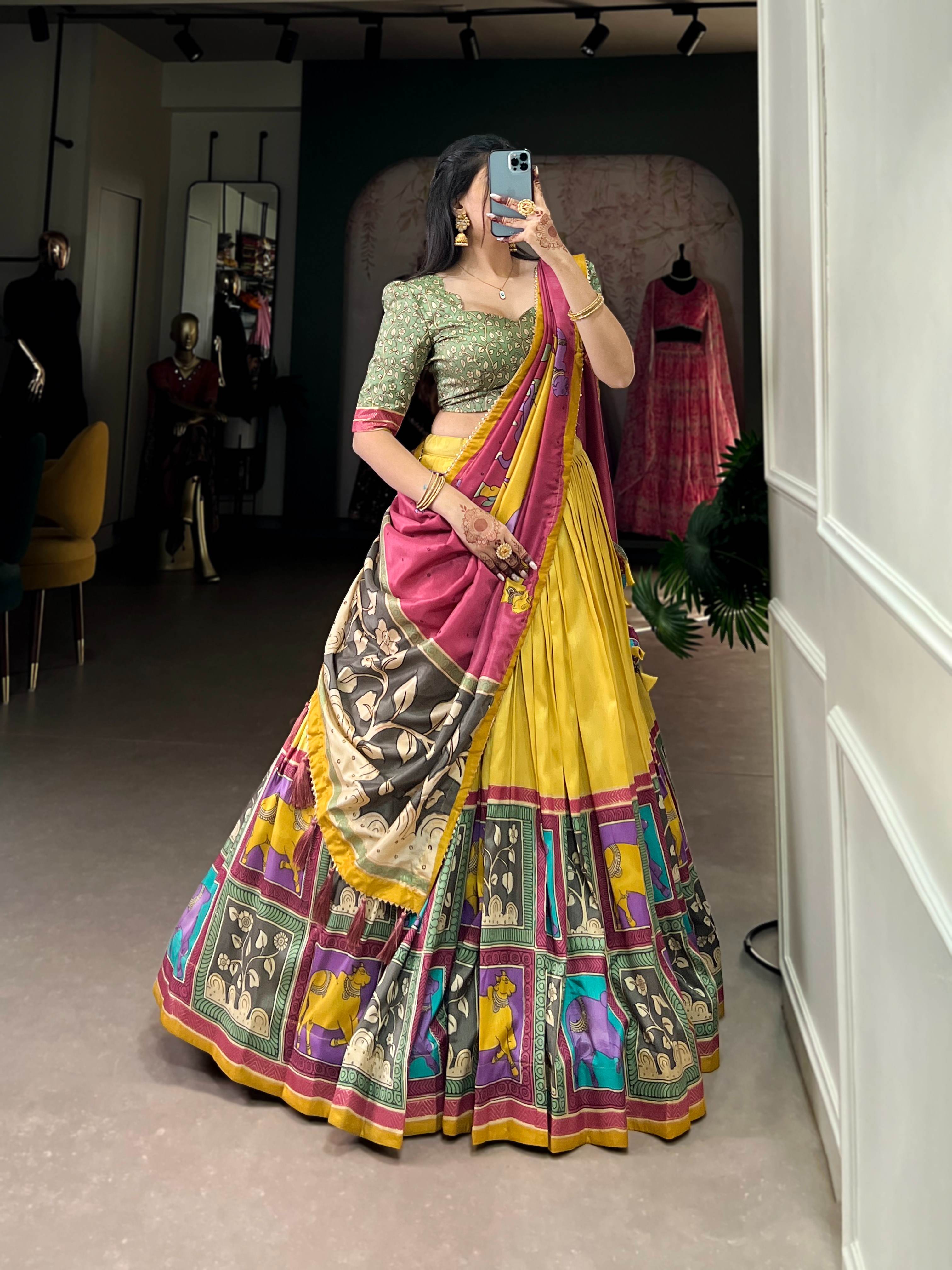 Vaishnavi Tasar Silk Kalamkari Lehenga Choli