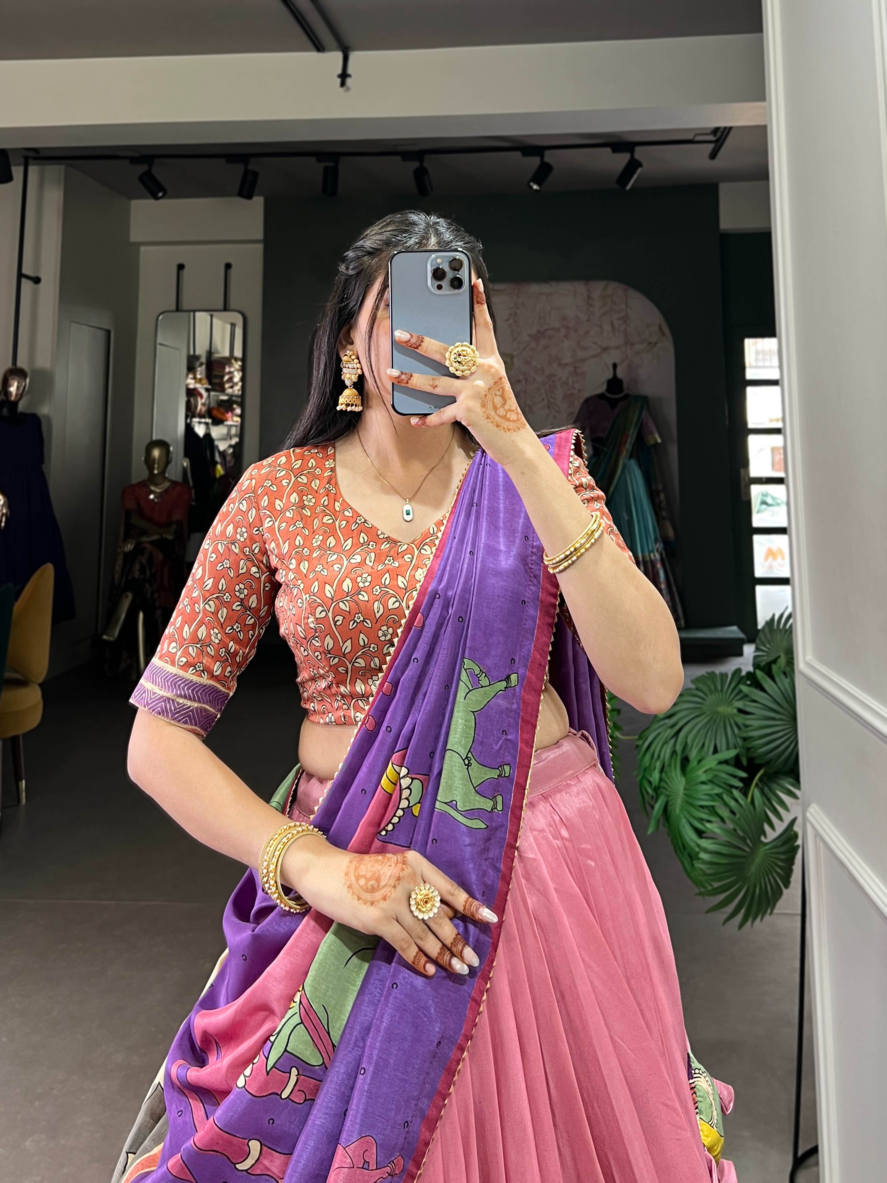 Vaishnavi Tasar Silk Kalamkari Lehenga Choli