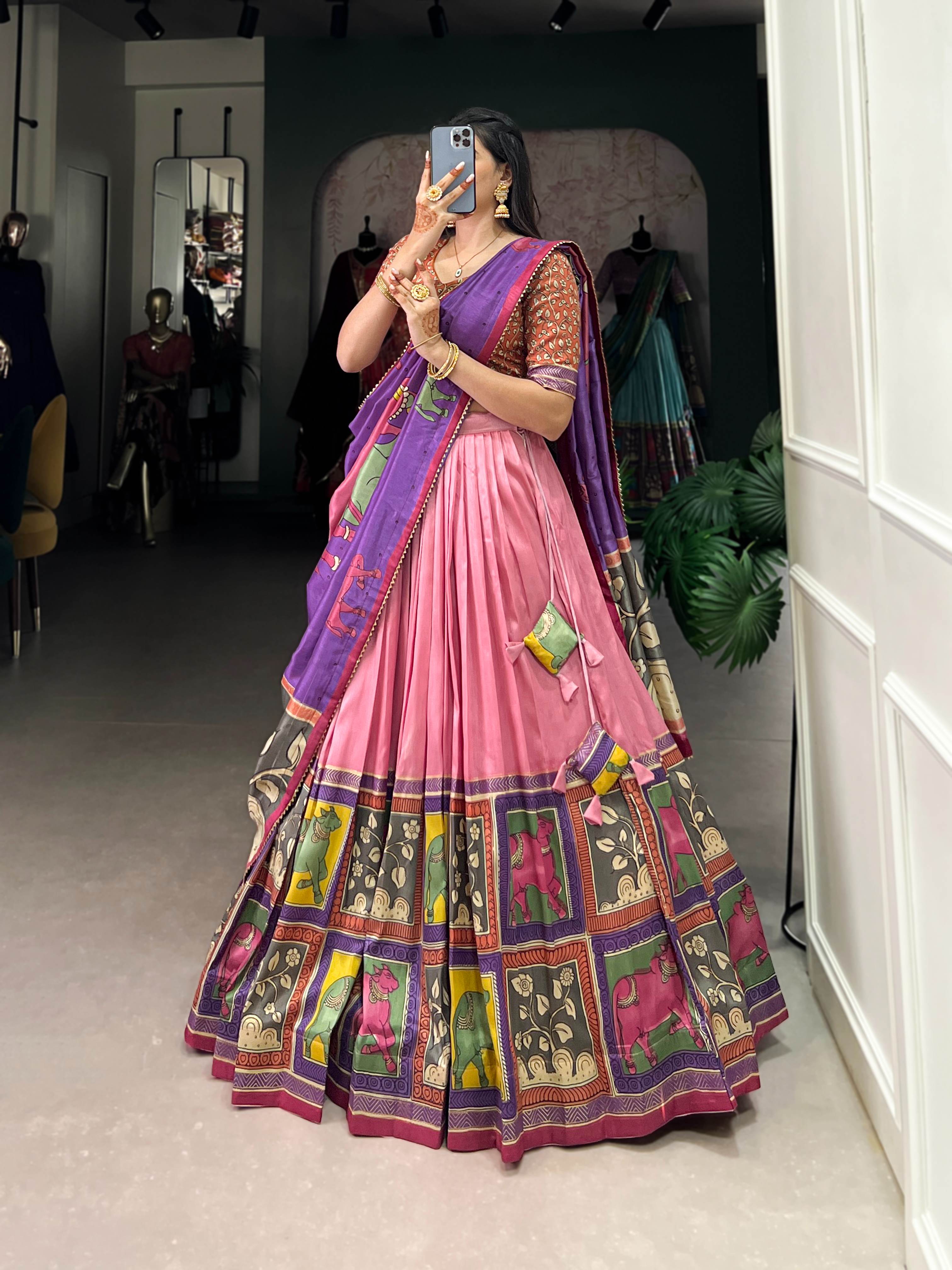 Vaishnavi Tasar Silk Kalamkari Lehenga Choli