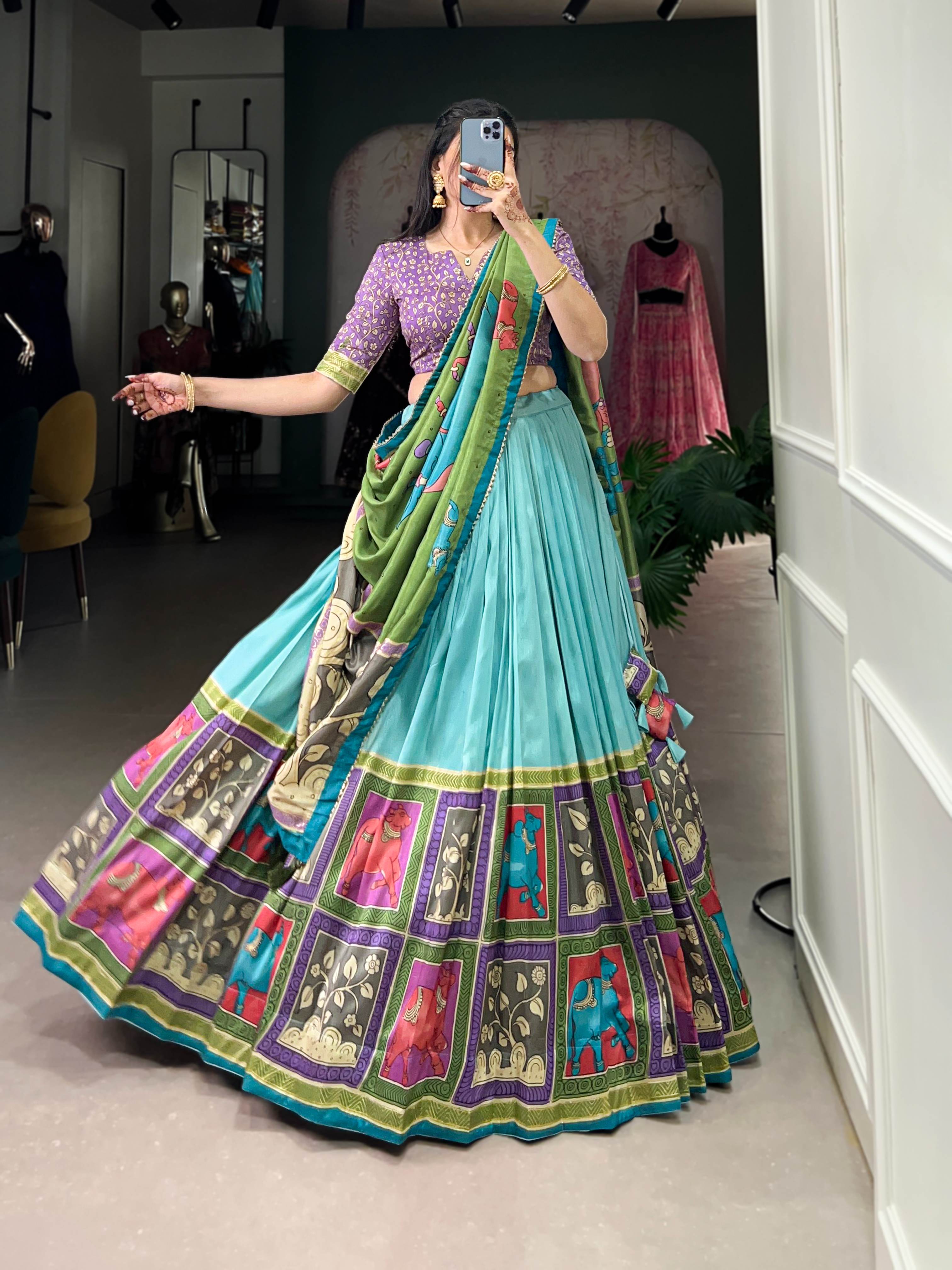 Vaishnavi Tasar Silk Kalamkari Lehenga Choli