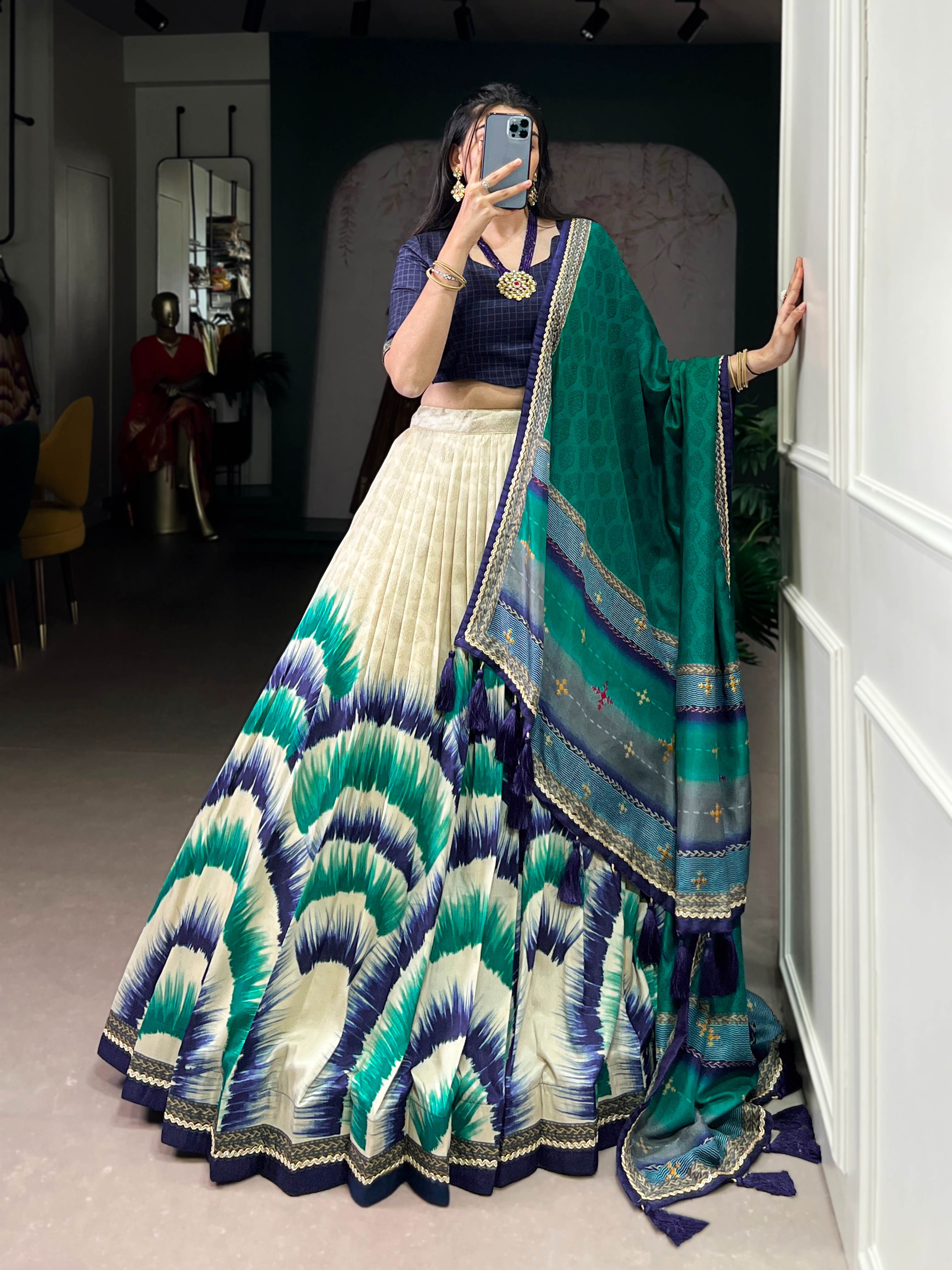 Tasar Silk Tie-Dye Lehenga Choli With Printed Dupatta