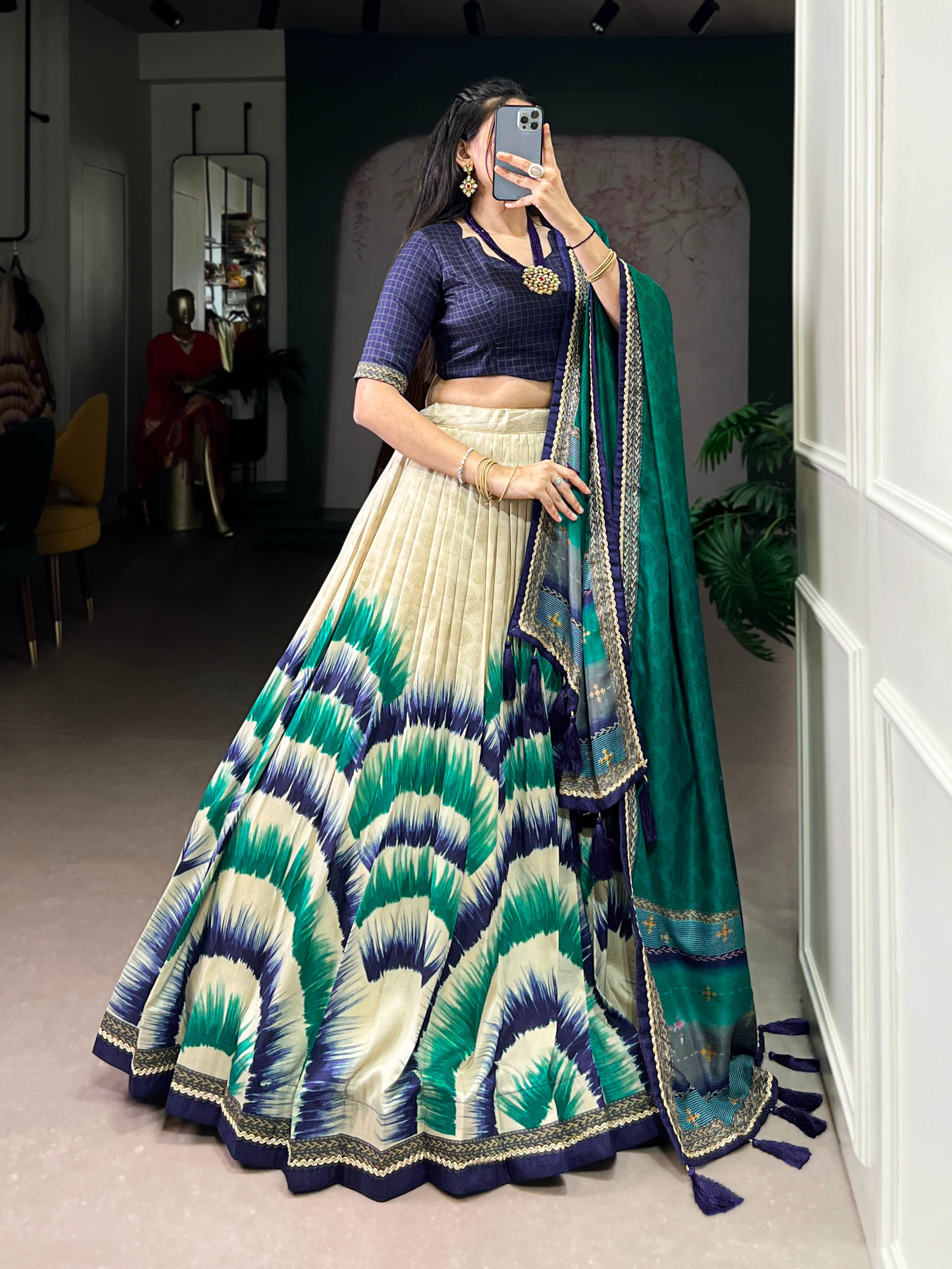 Tasar Silk Tie-Dye Lehenga Choli With Printed Dupatta