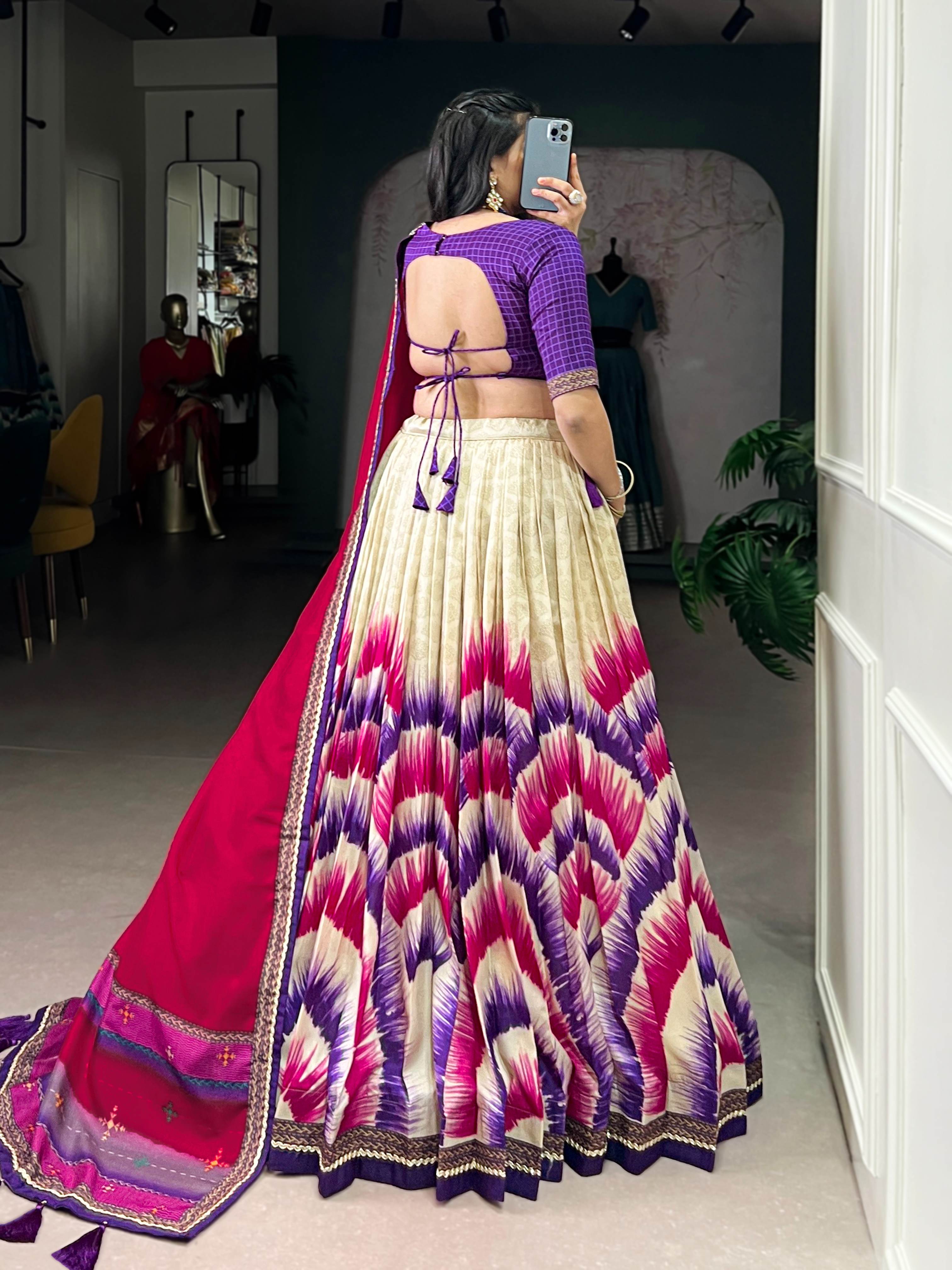 Tasar Silk Tie-Dye Lehenga Choli With Printed Dupatta