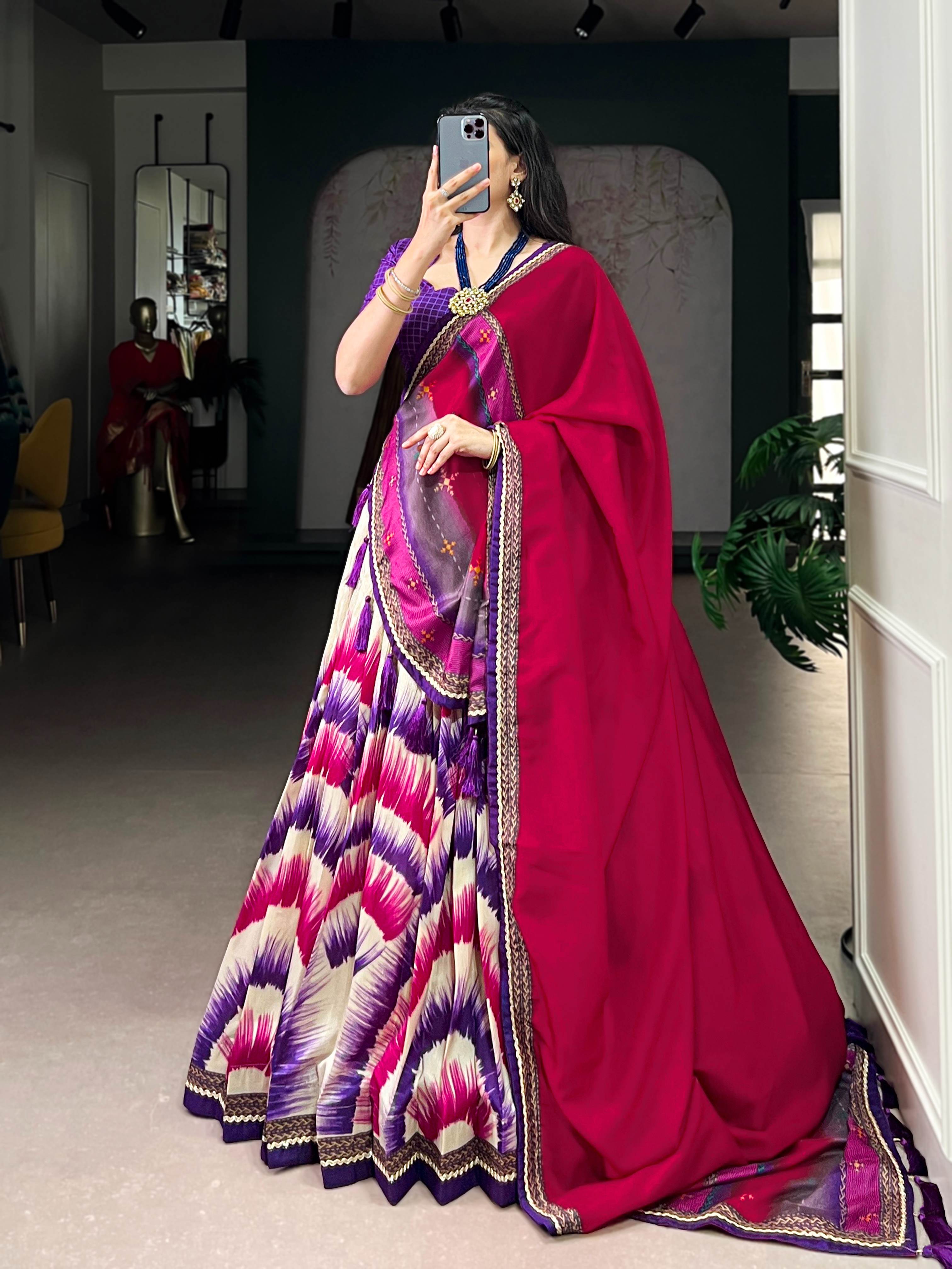 Tasar Silk Tie-Dye Lehenga Choli With Printed Dupatta