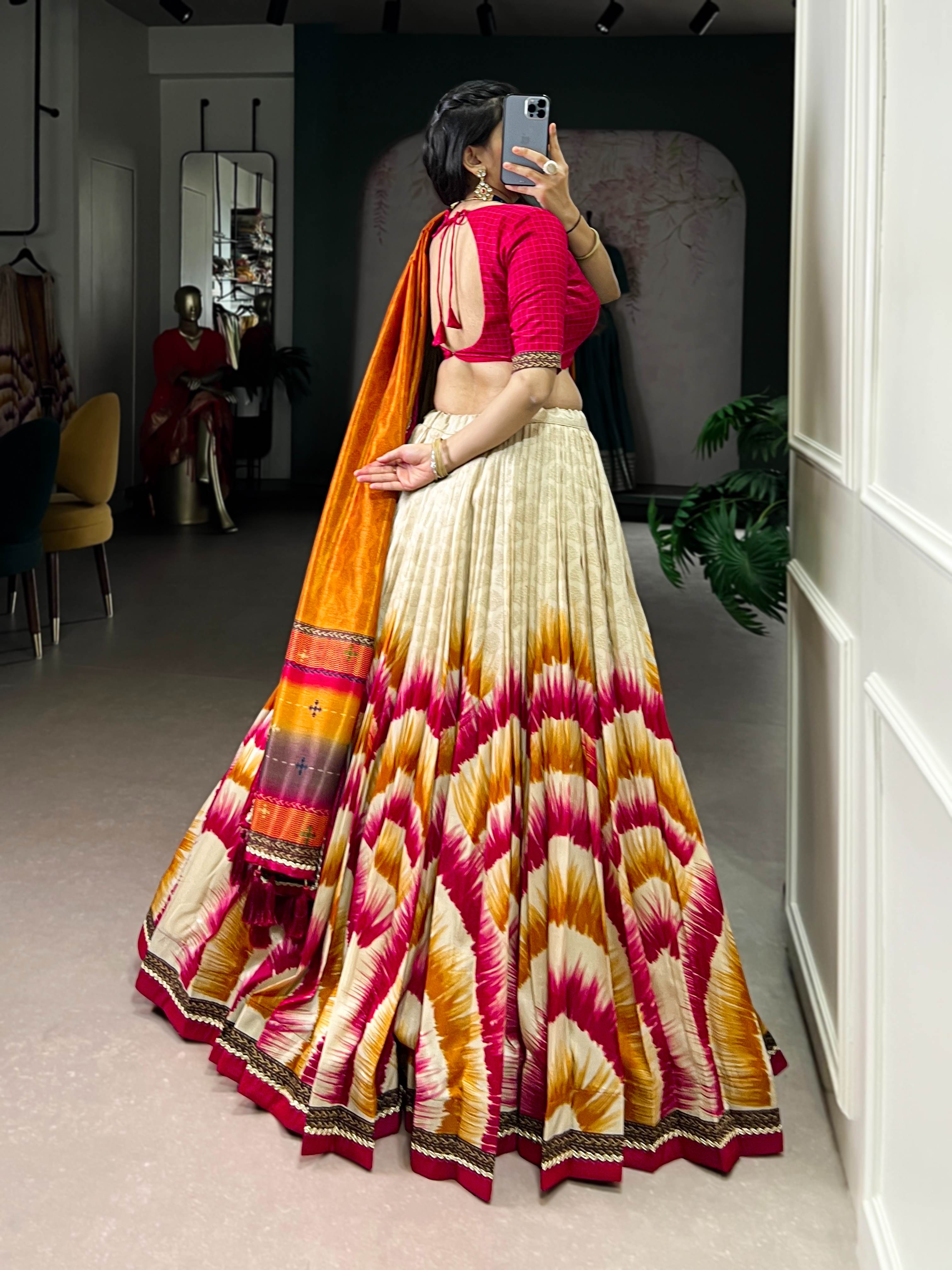 Tasar Silk Tie-Dye Lehenga Choli With Printed Dupatta