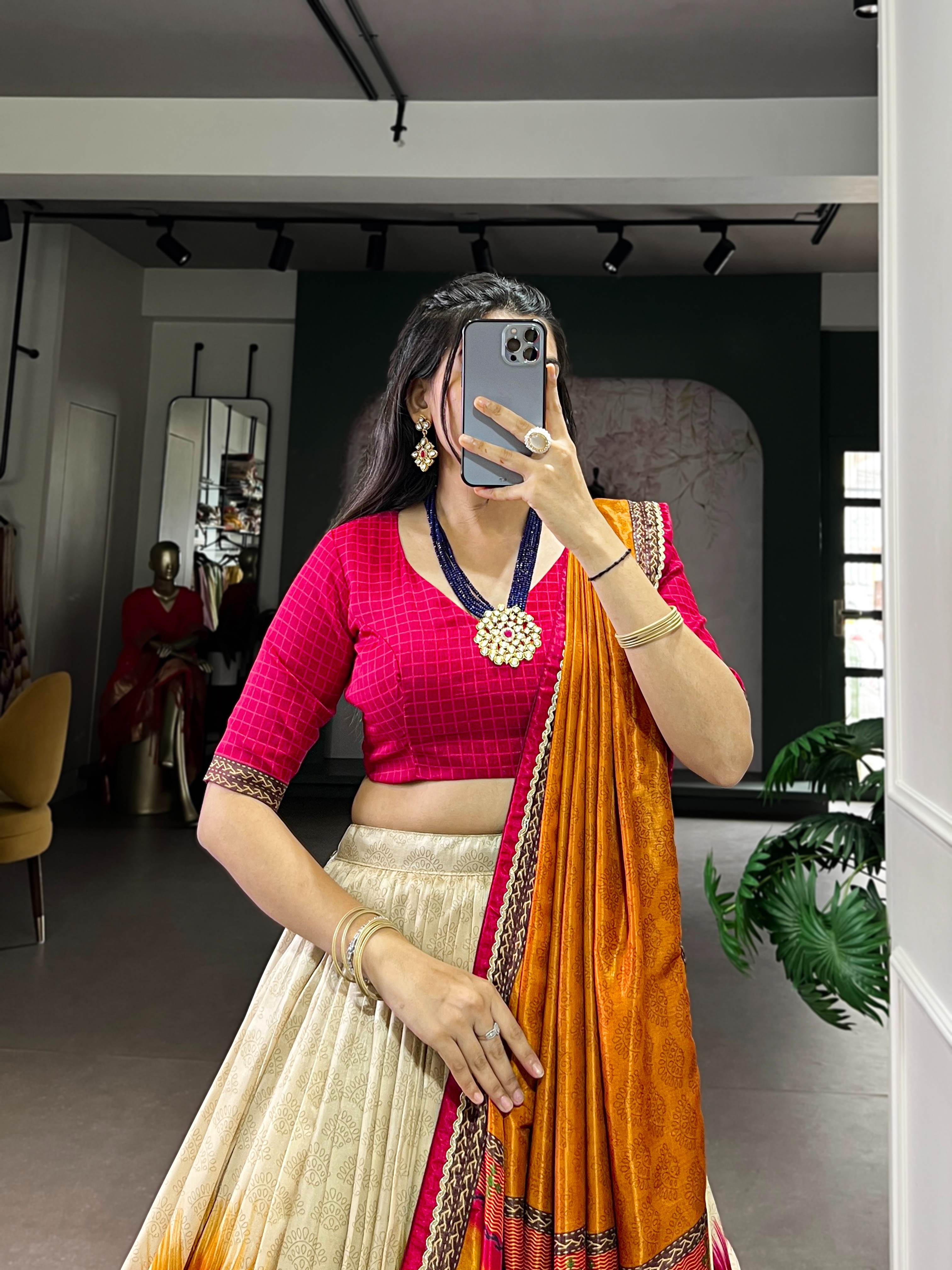 Tasar Silk Tie-Dye Lehenga Choli With Printed Dupatta