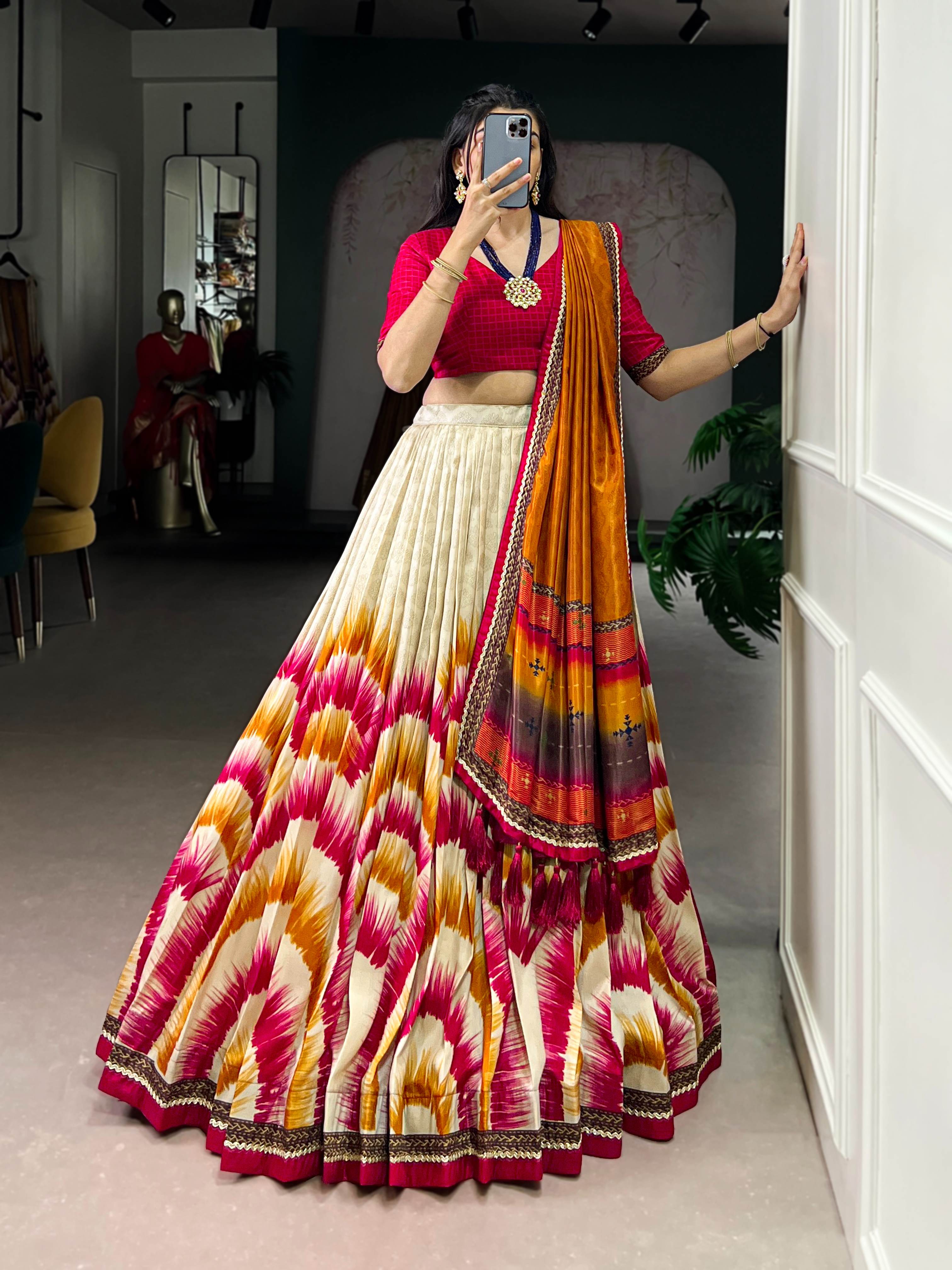 Tasar Silk Tie-Dye Lehenga Choli With Printed Dupatta