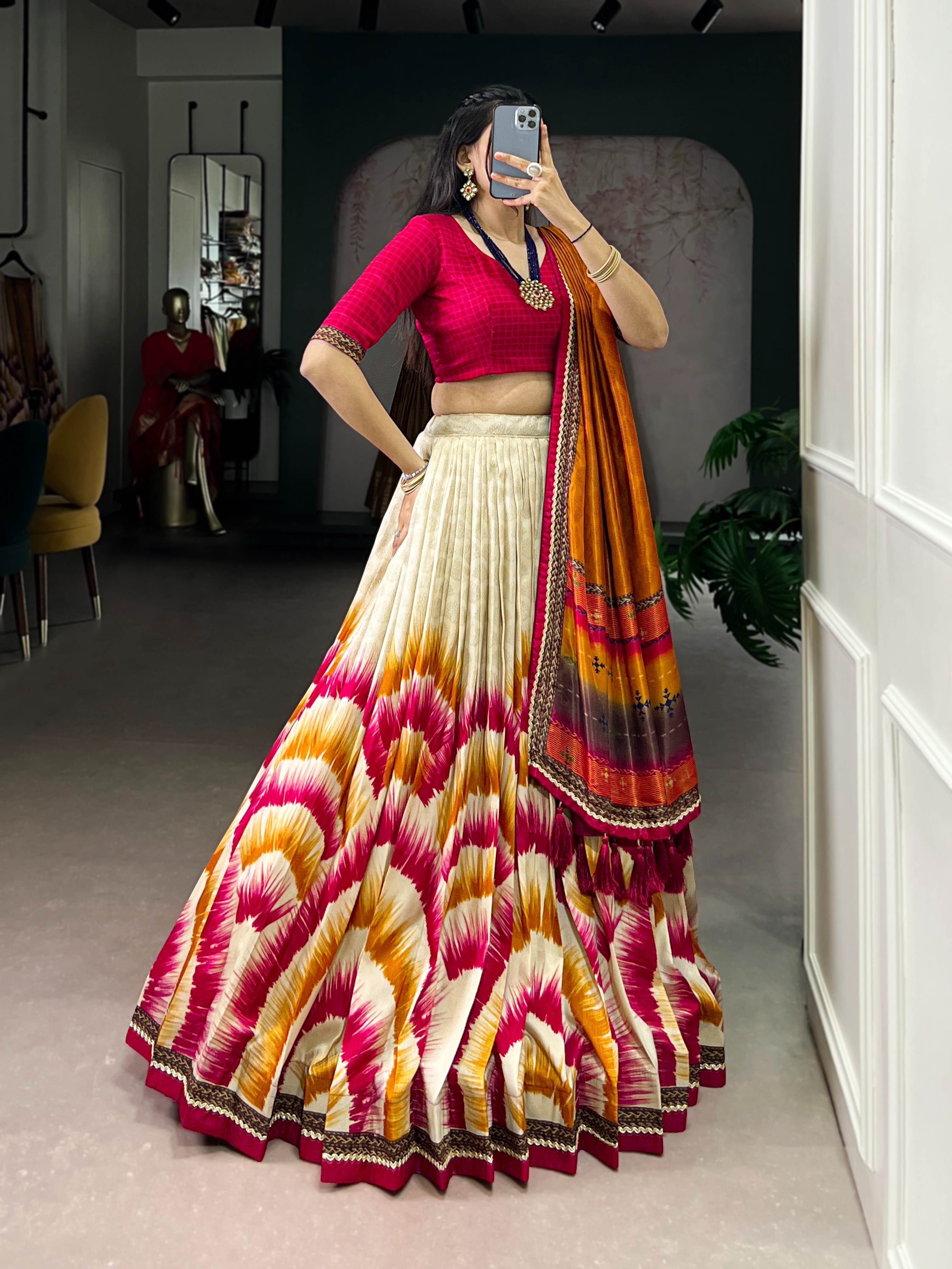Tasar Silk Tie-Dye Lehenga Choli With Printed Dupatta