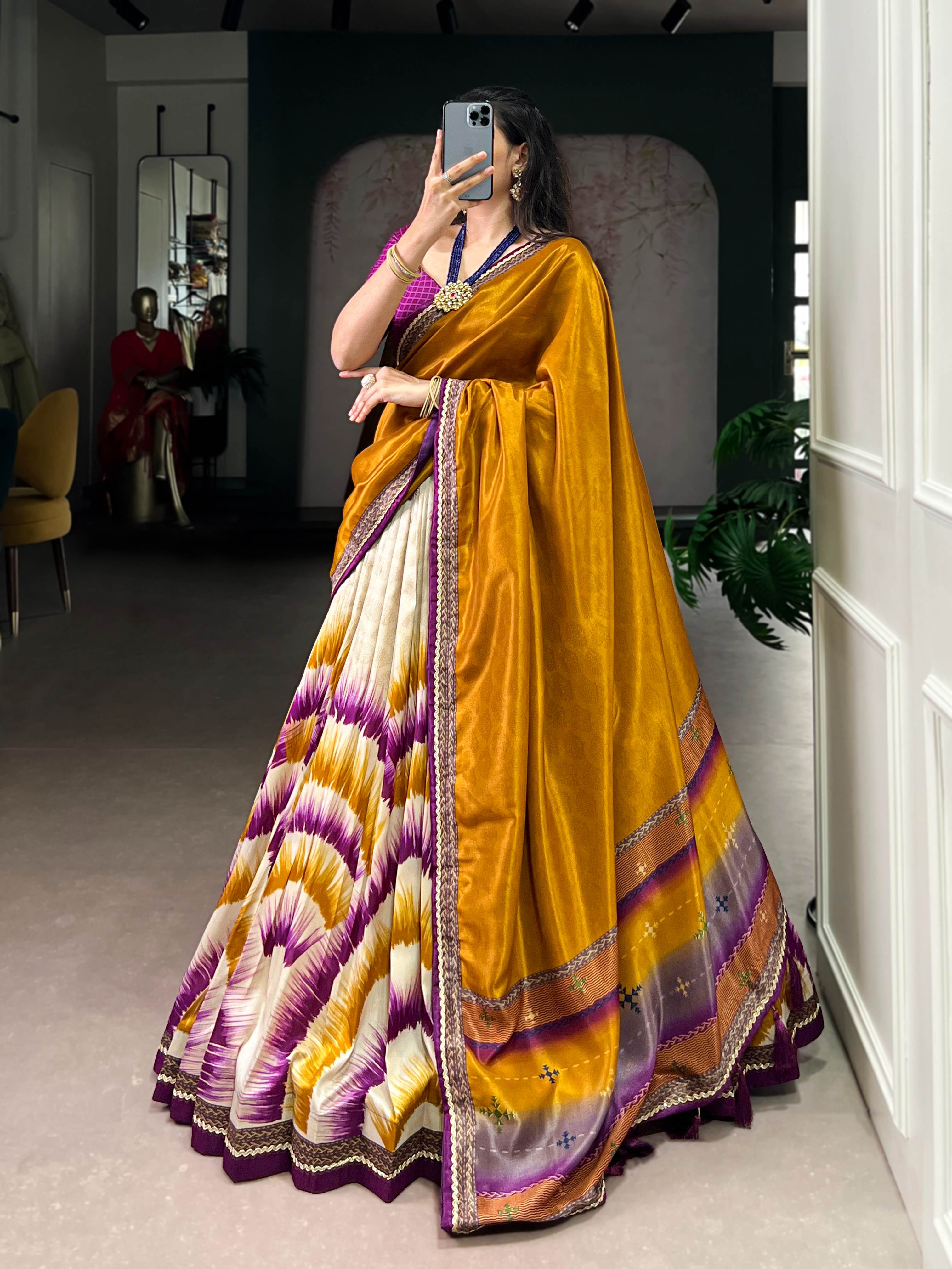 Tasar Silk Tie-Dye Lehenga Choli With Printed Dupatta