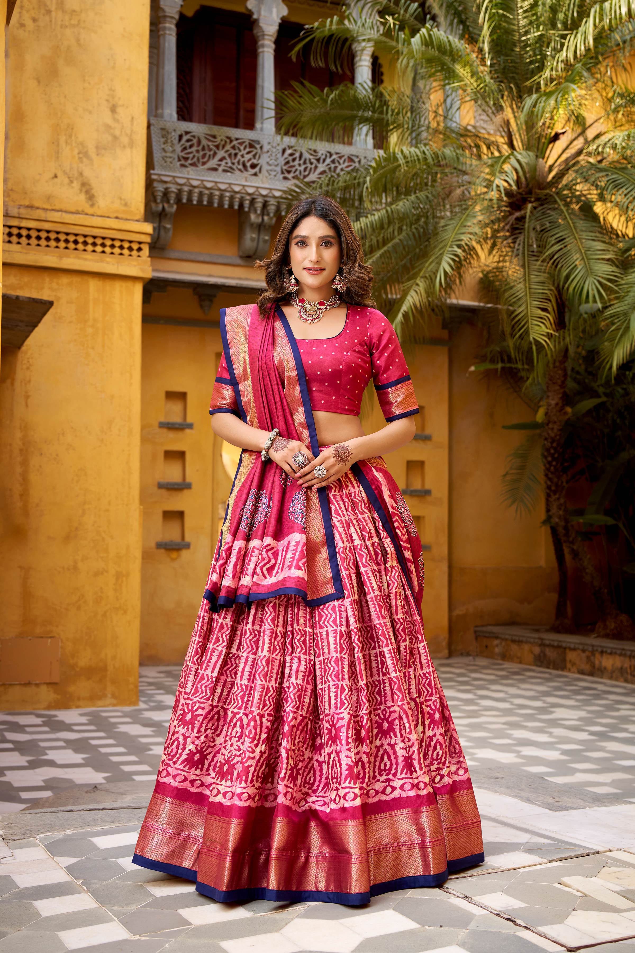 Dola Silk Lehenga Choli featuring traditional batik art
