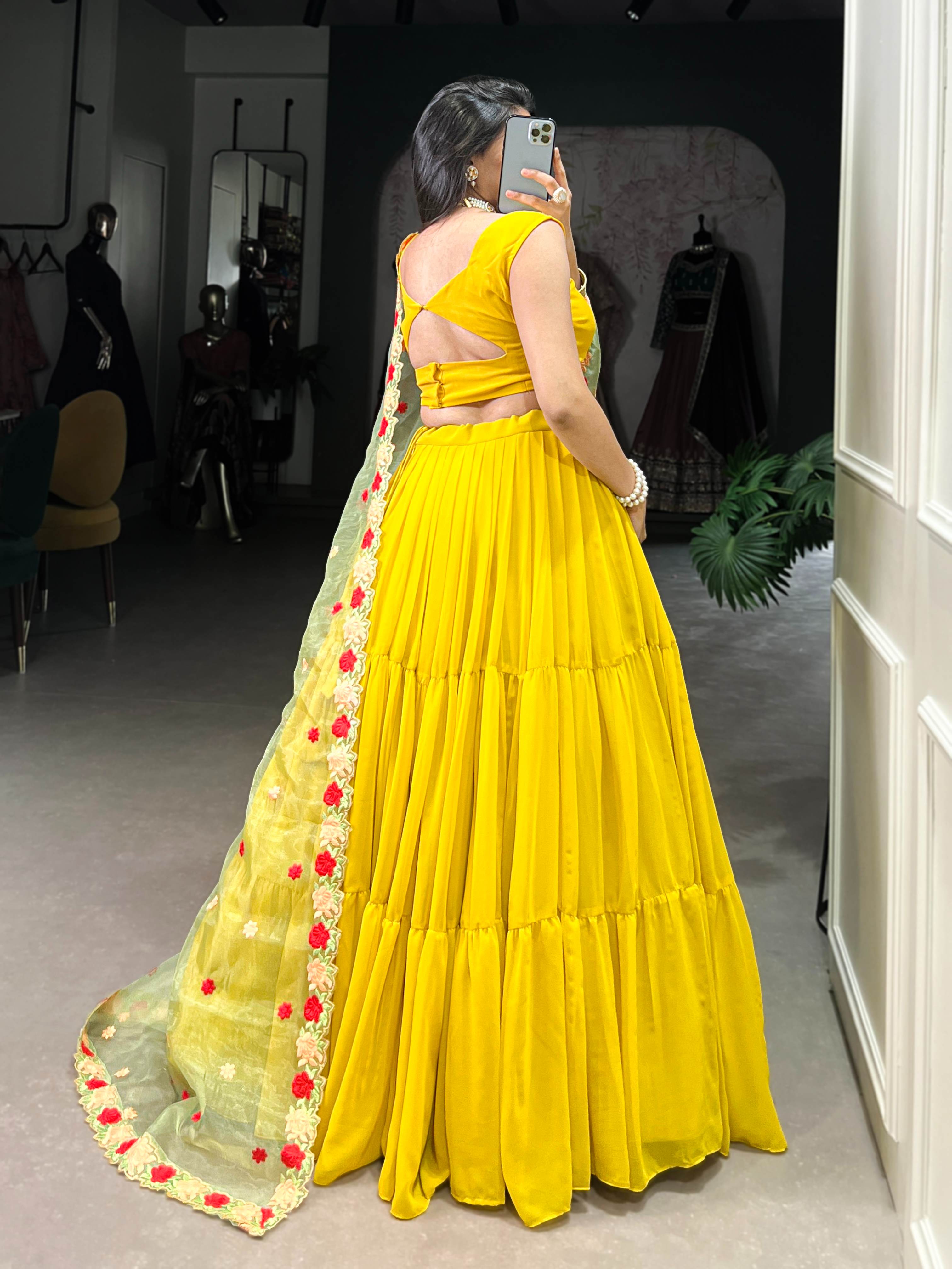 Mustard Georgette Plain Lehenga