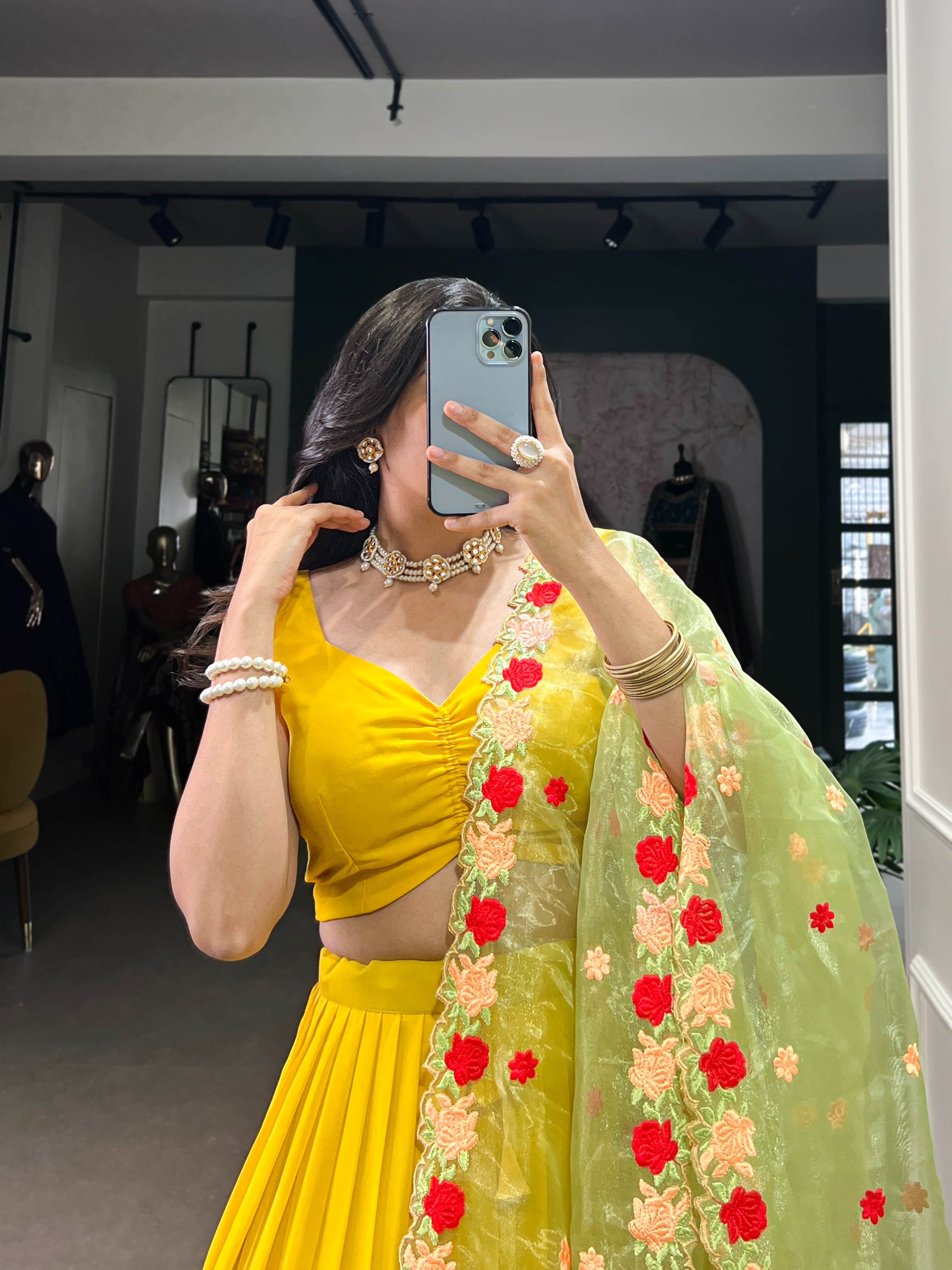 Mustard Georgette Plain Lehenga