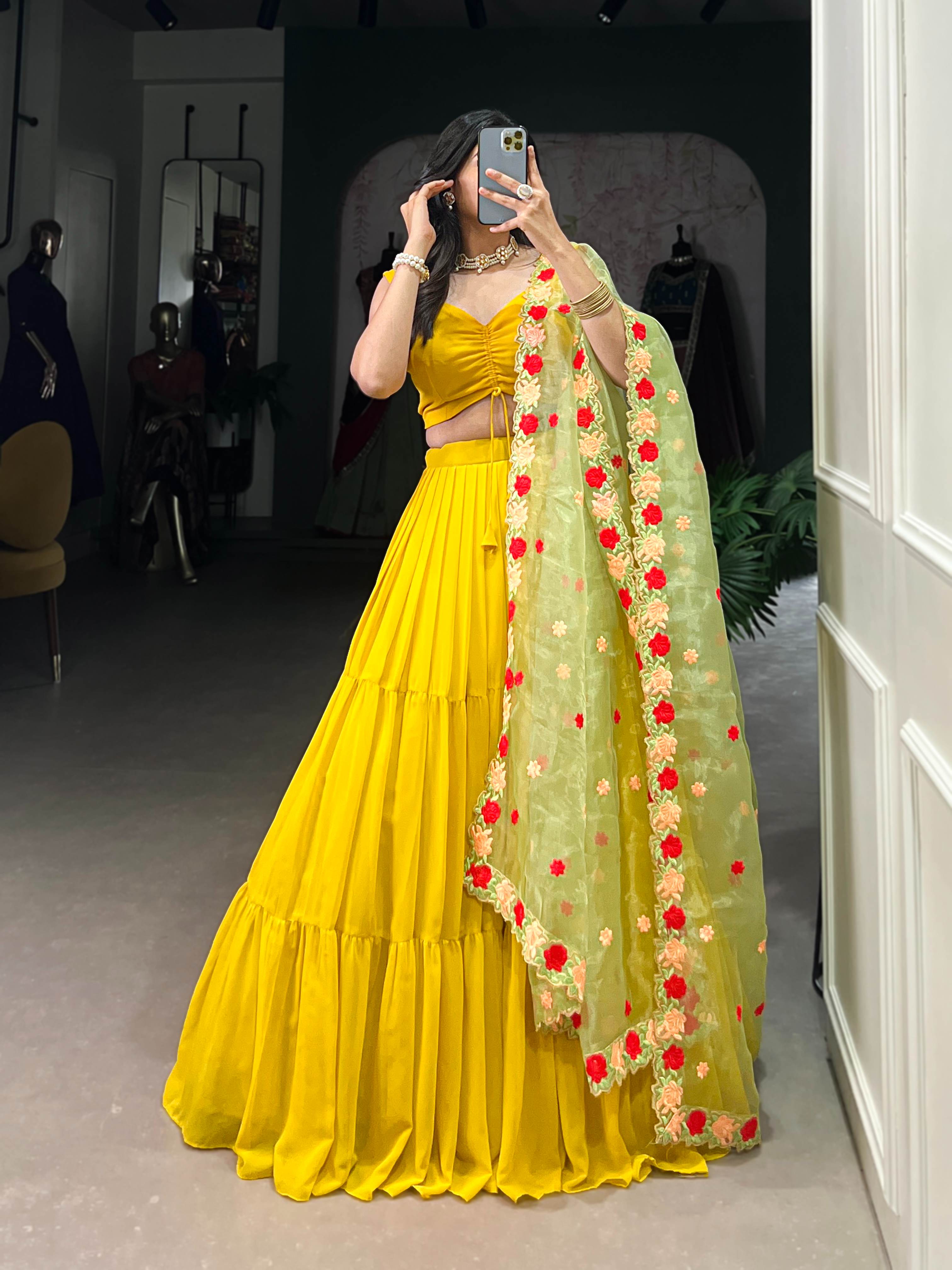 Mustard Georgette Plain Lehenga