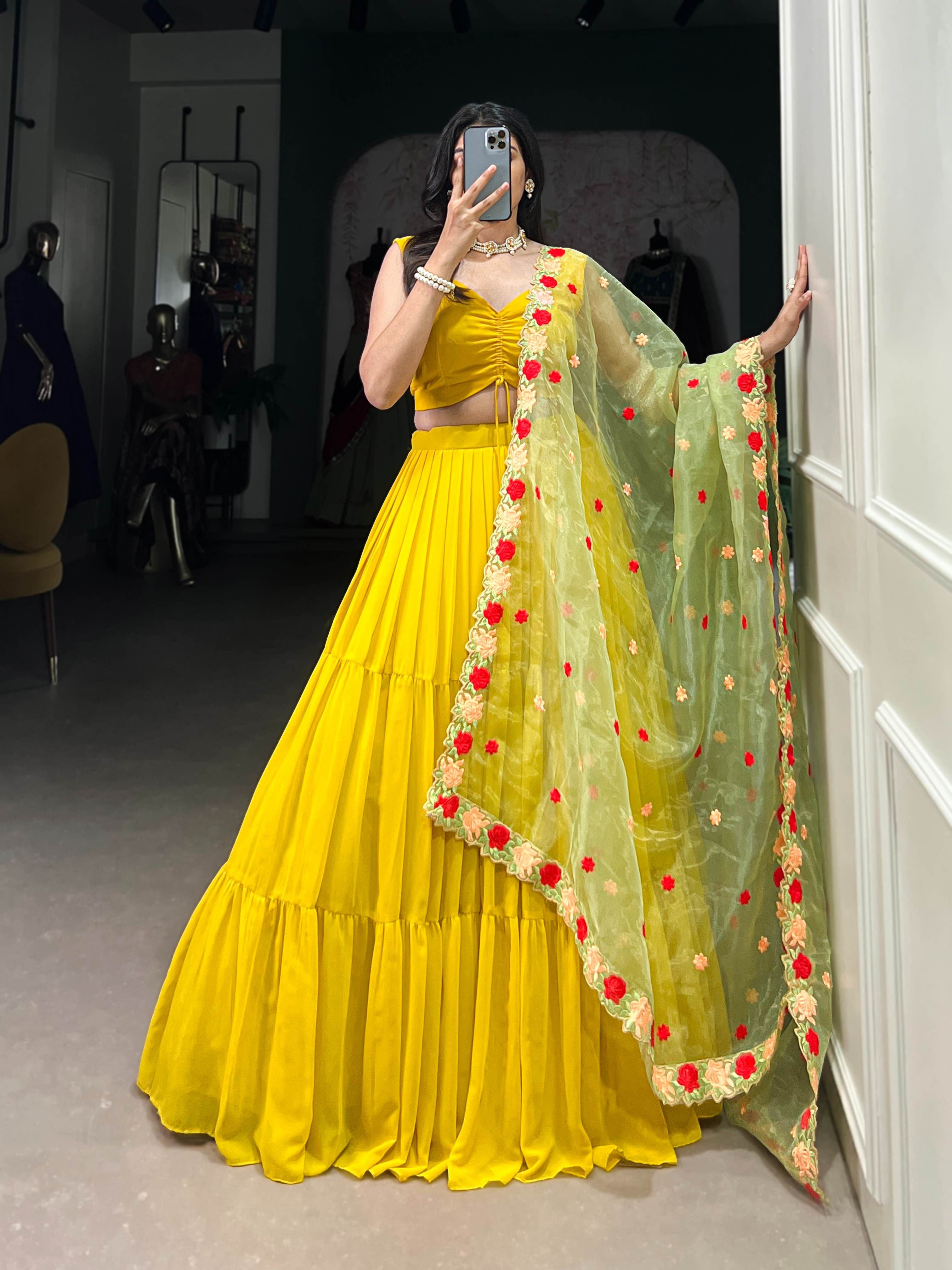 Mustard Georgette Plain Lehenga