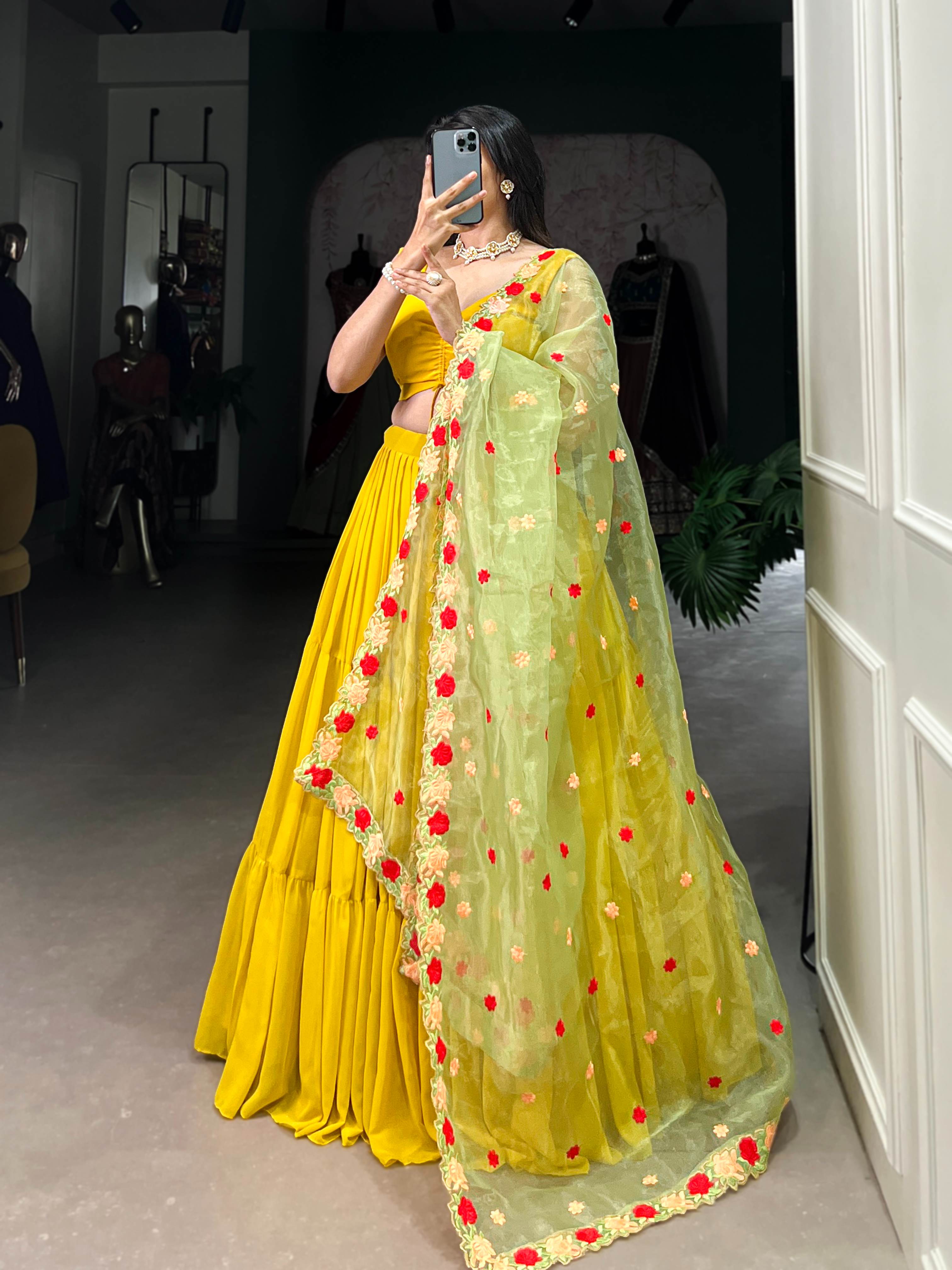 Mustard Georgette Plain Lehenga