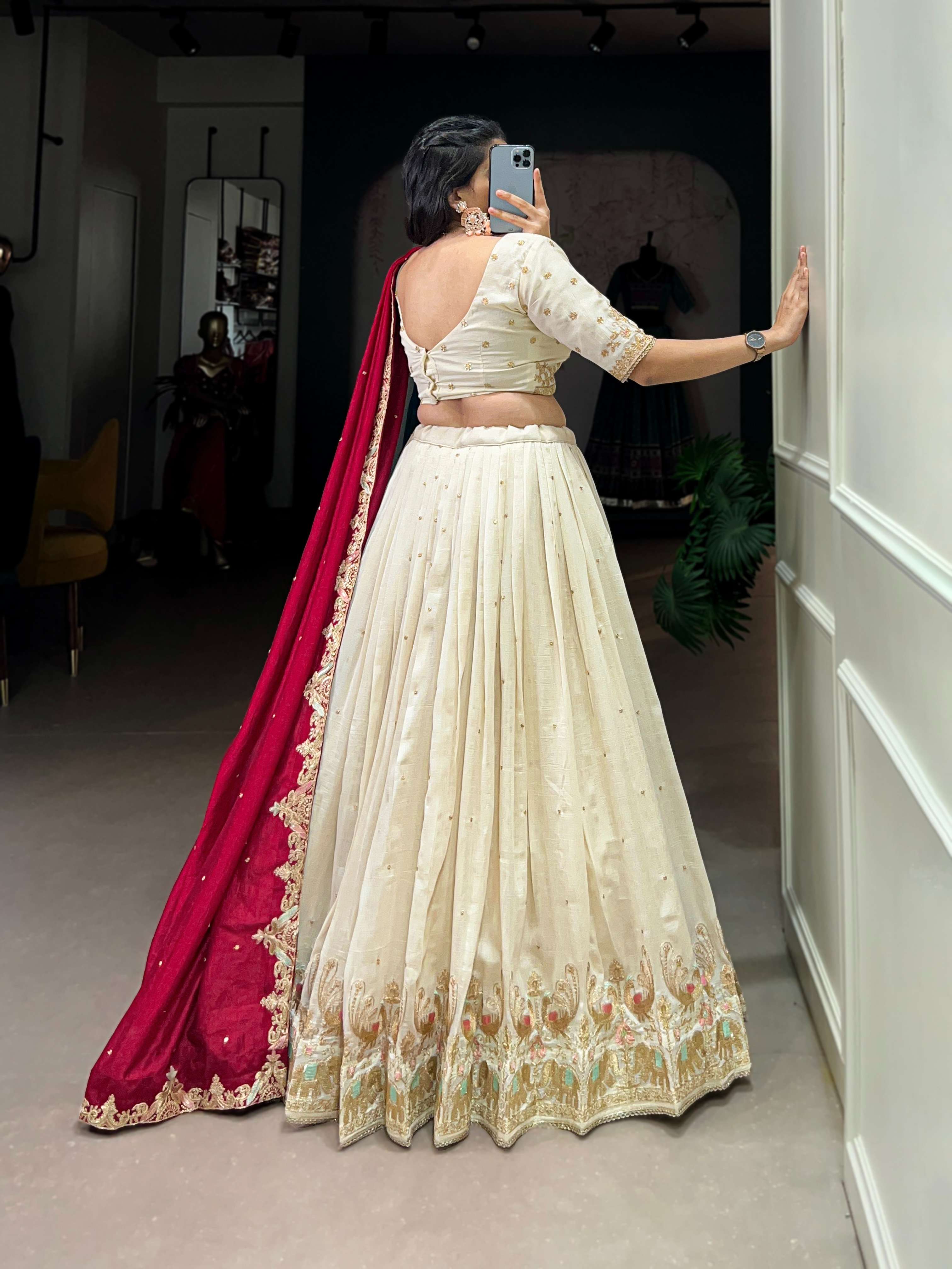 Vichitra Silk Sequins &amp; Thread Embroidery Lehenga