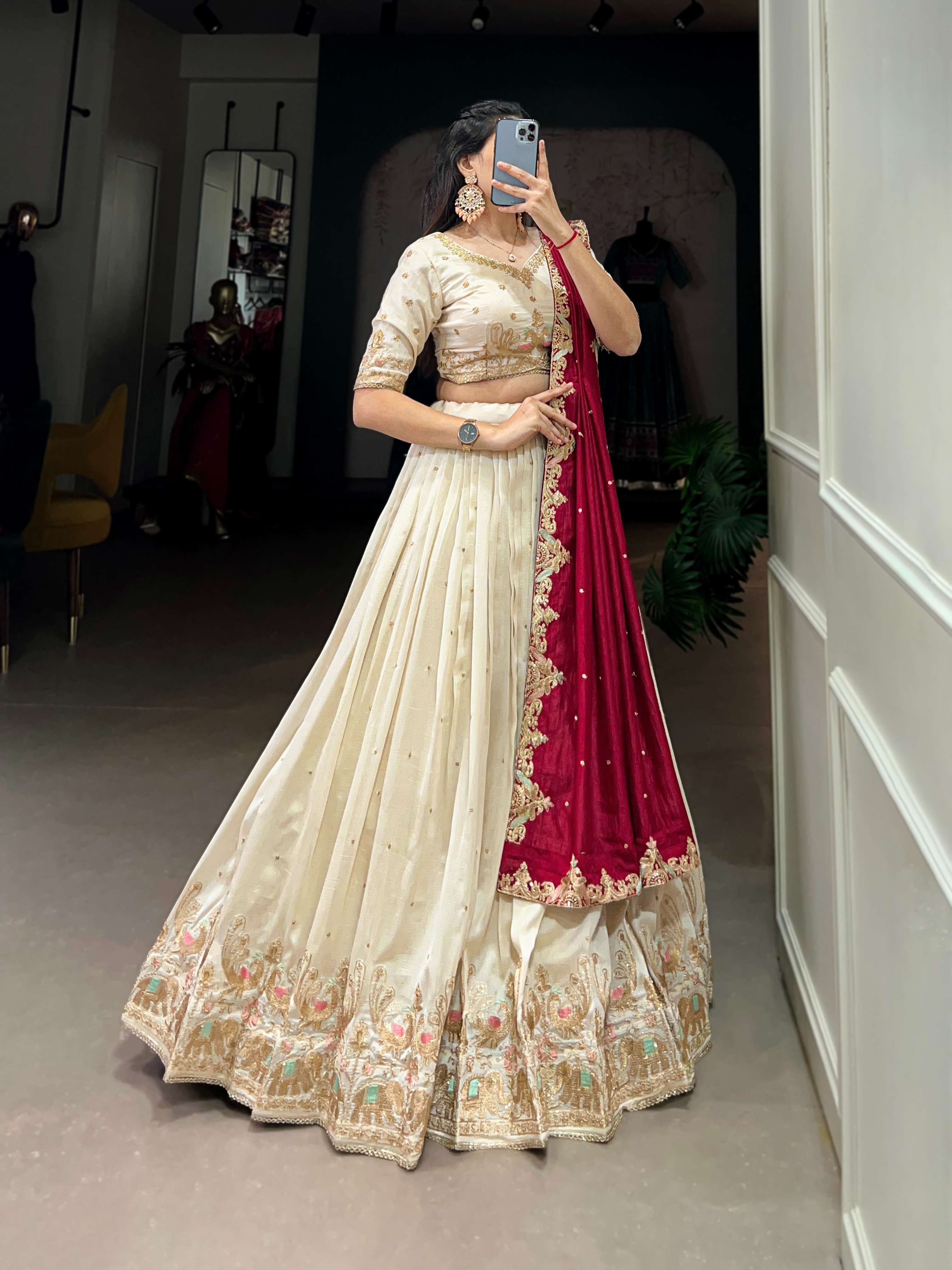 Vichitra Silk Sequins &amp; Thread Embroidery Lehenga