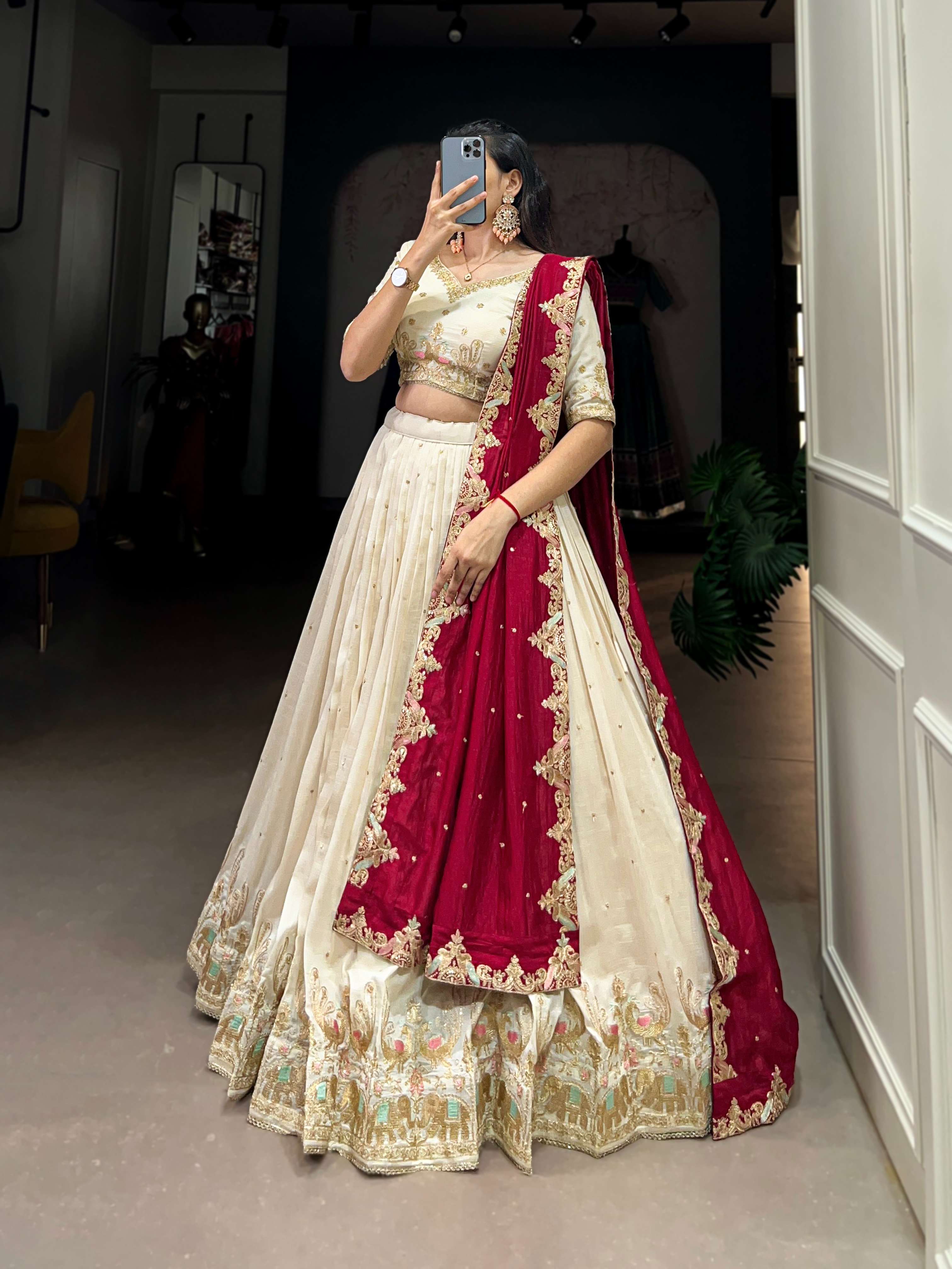 Vichitra Silk Sequins &amp; Thread Embroidery Lehenga
