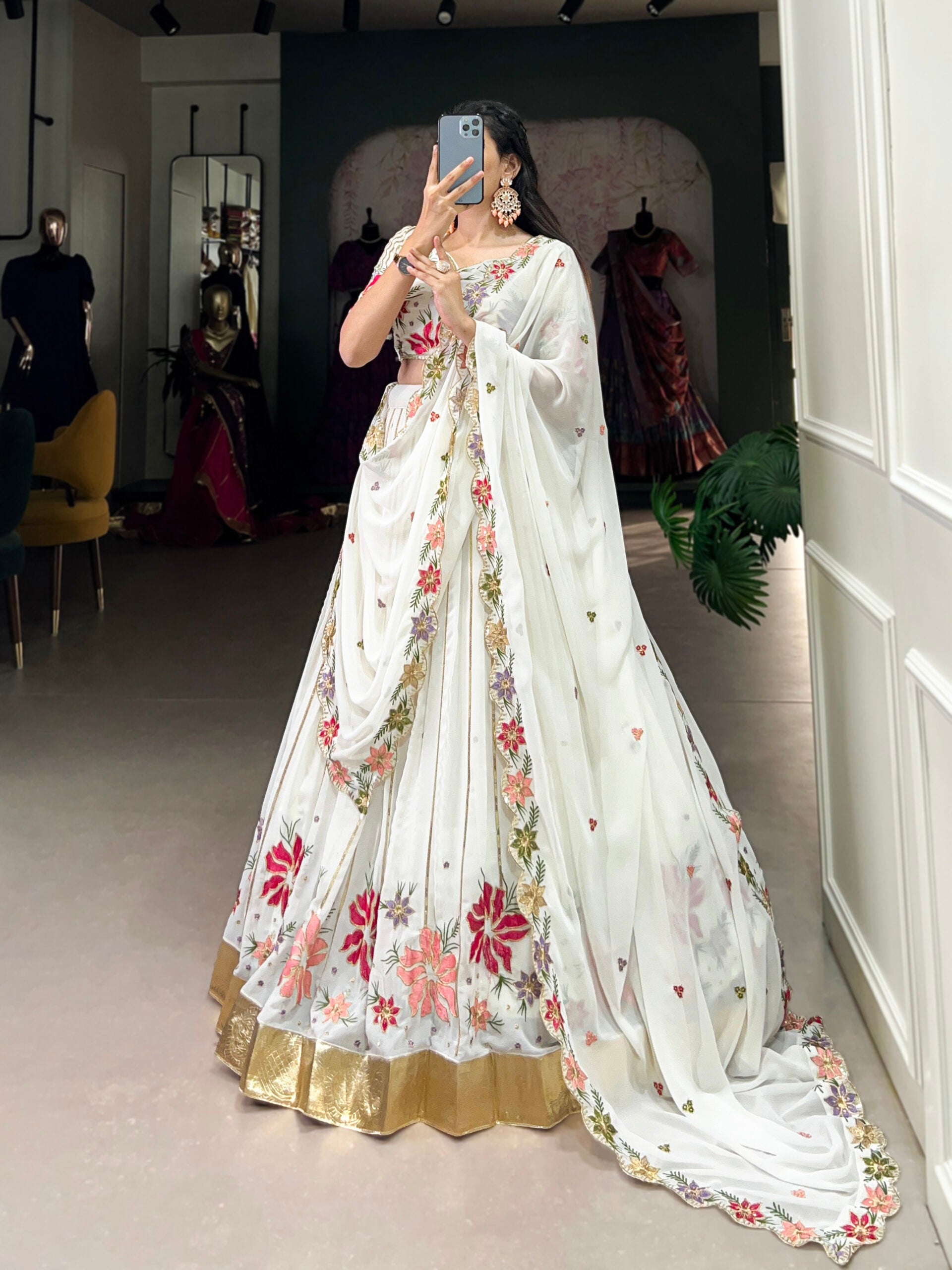 White Georgette Lehenga with Embroidery