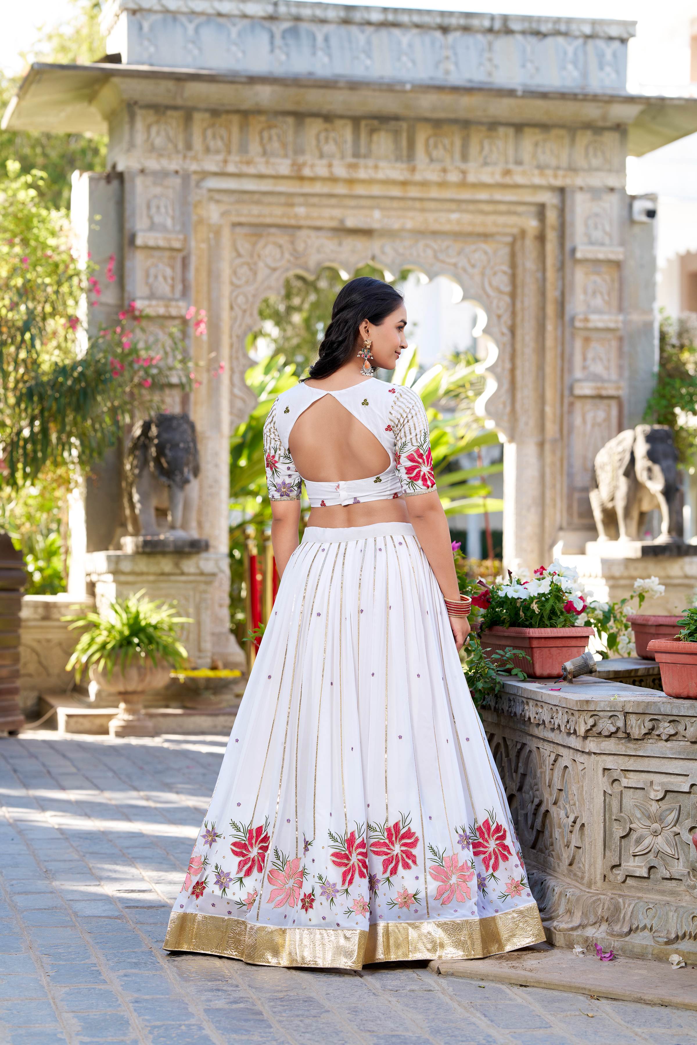 White Georgette Embroidery Lehenga