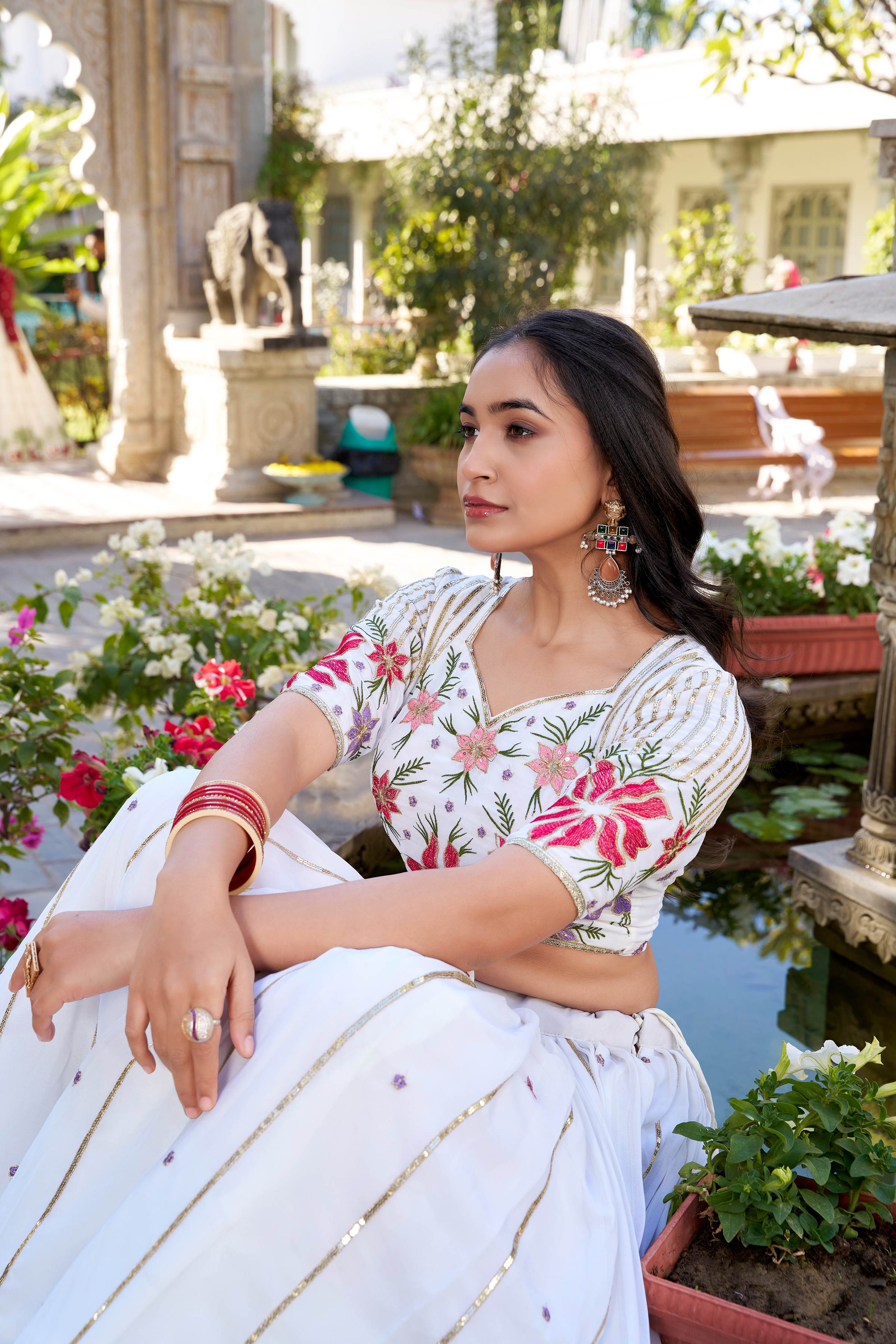 White Georgette Embroidery Lehenga