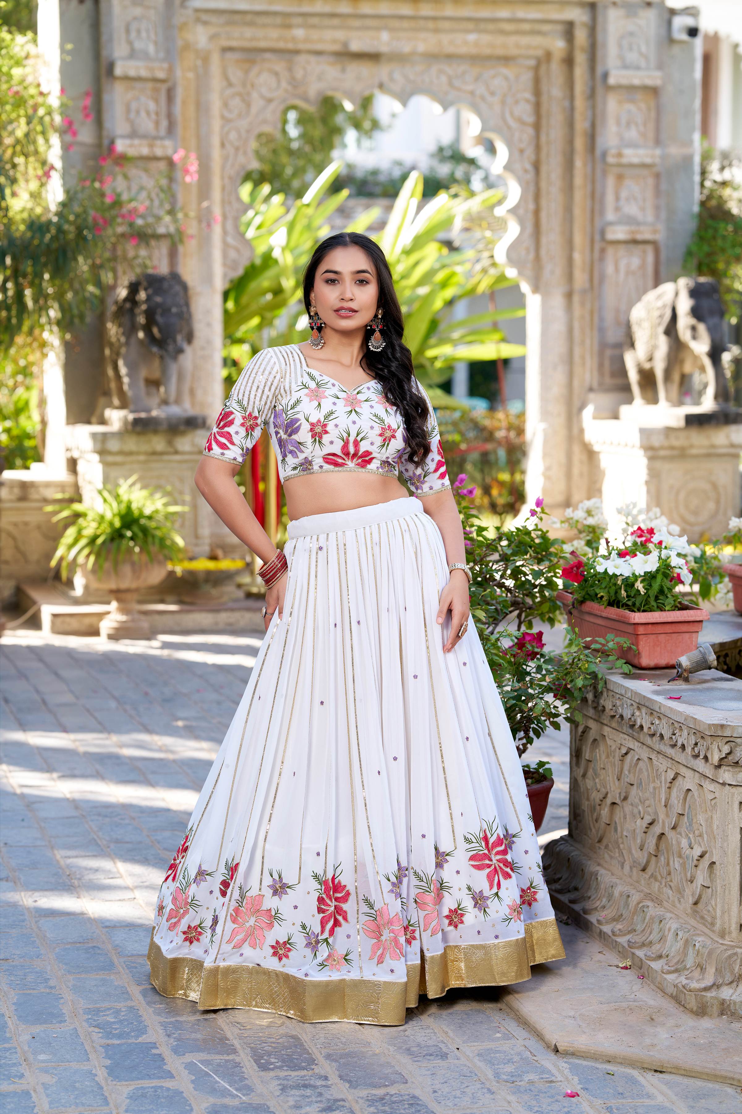White Georgette Embroidery Lehenga