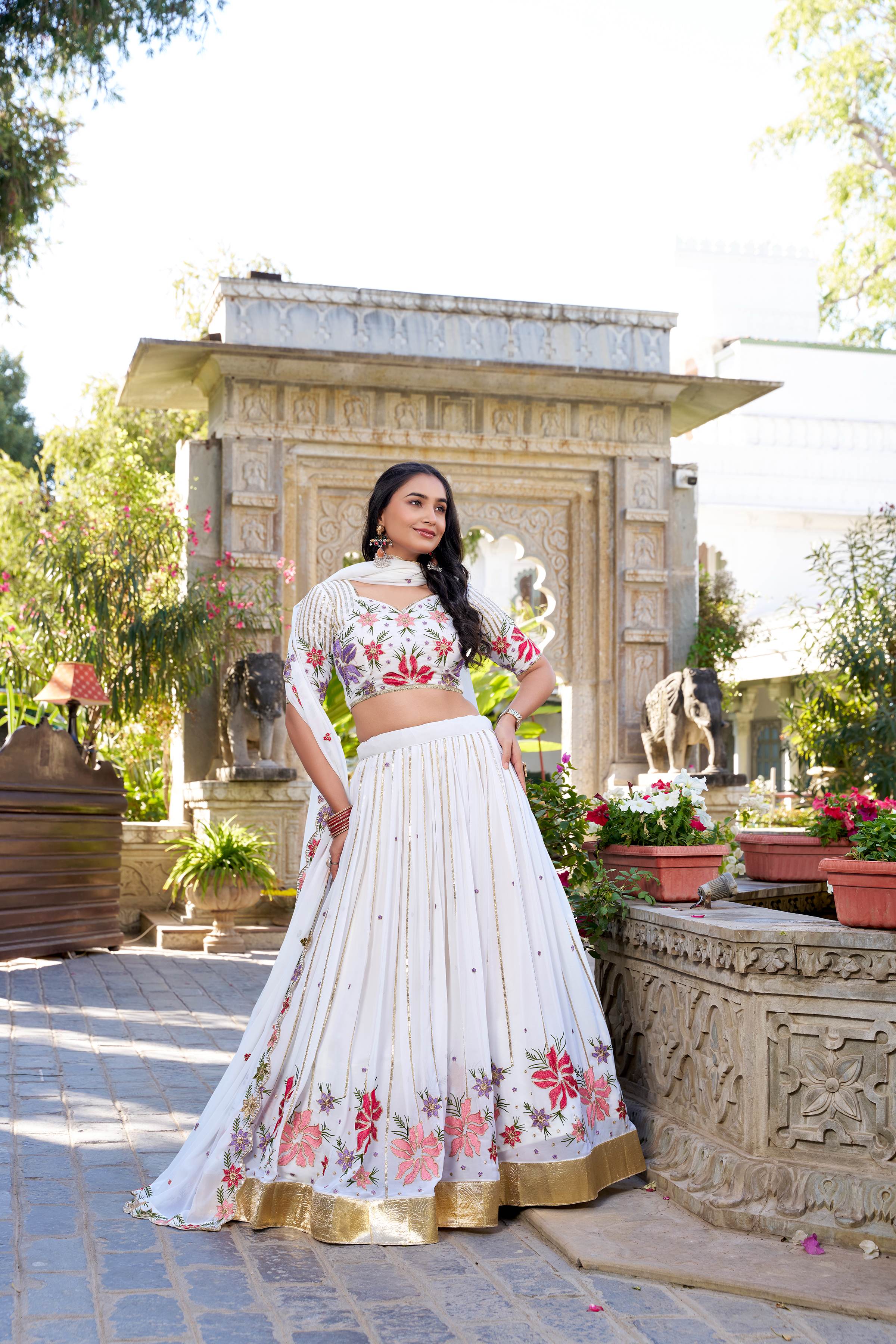White Georgette Embroidery Lehenga