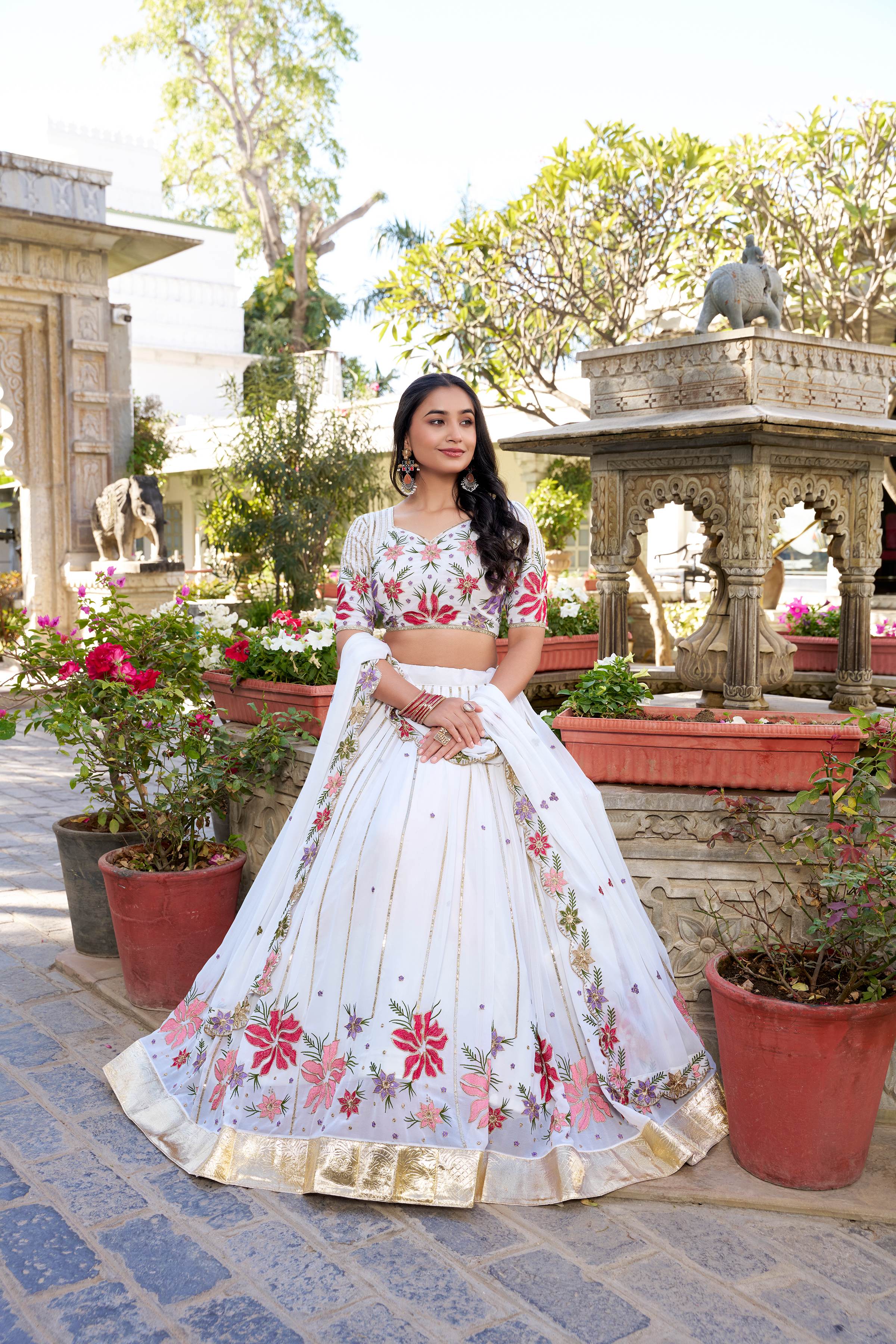 White Georgette Embroidery Lehenga