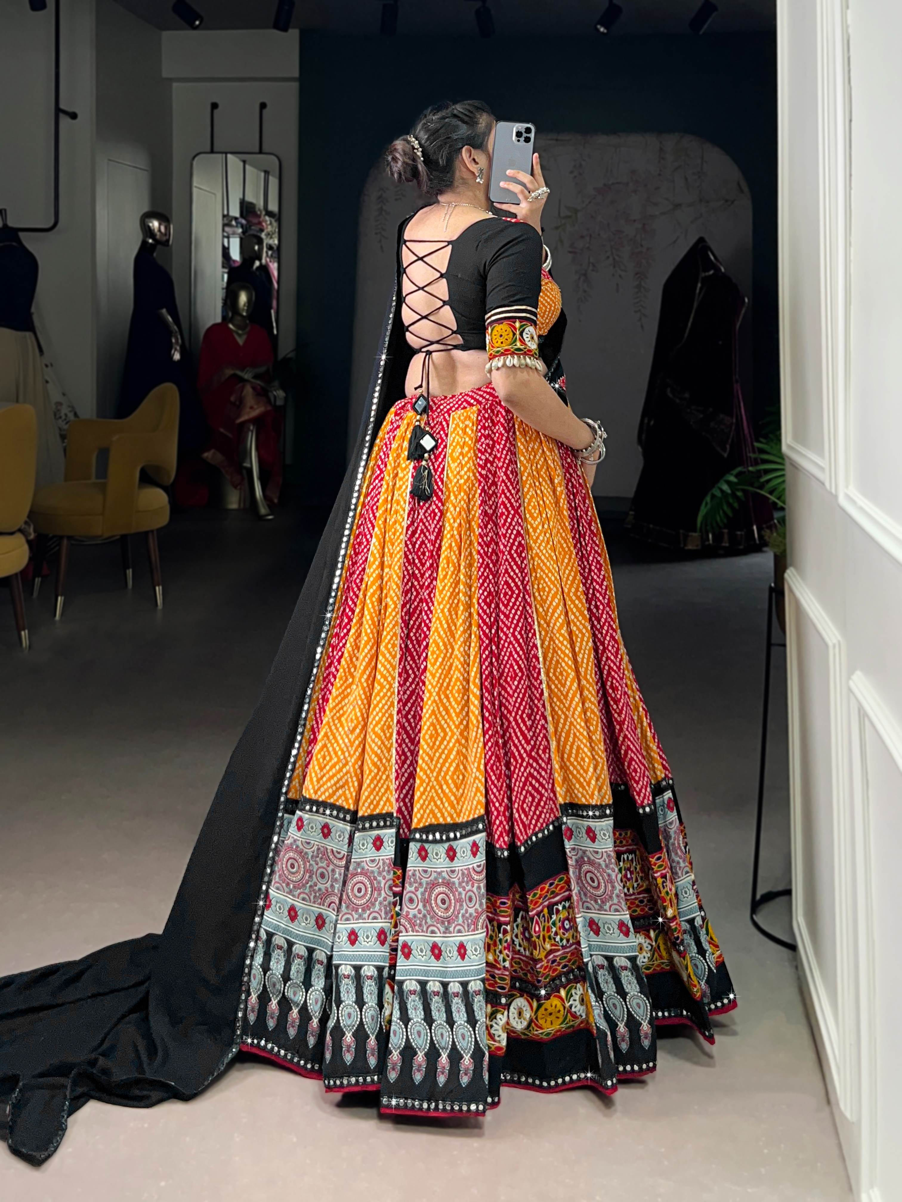 Vibrant Bandhej & Ajarakh Rayon Navratri Lehenga Choli