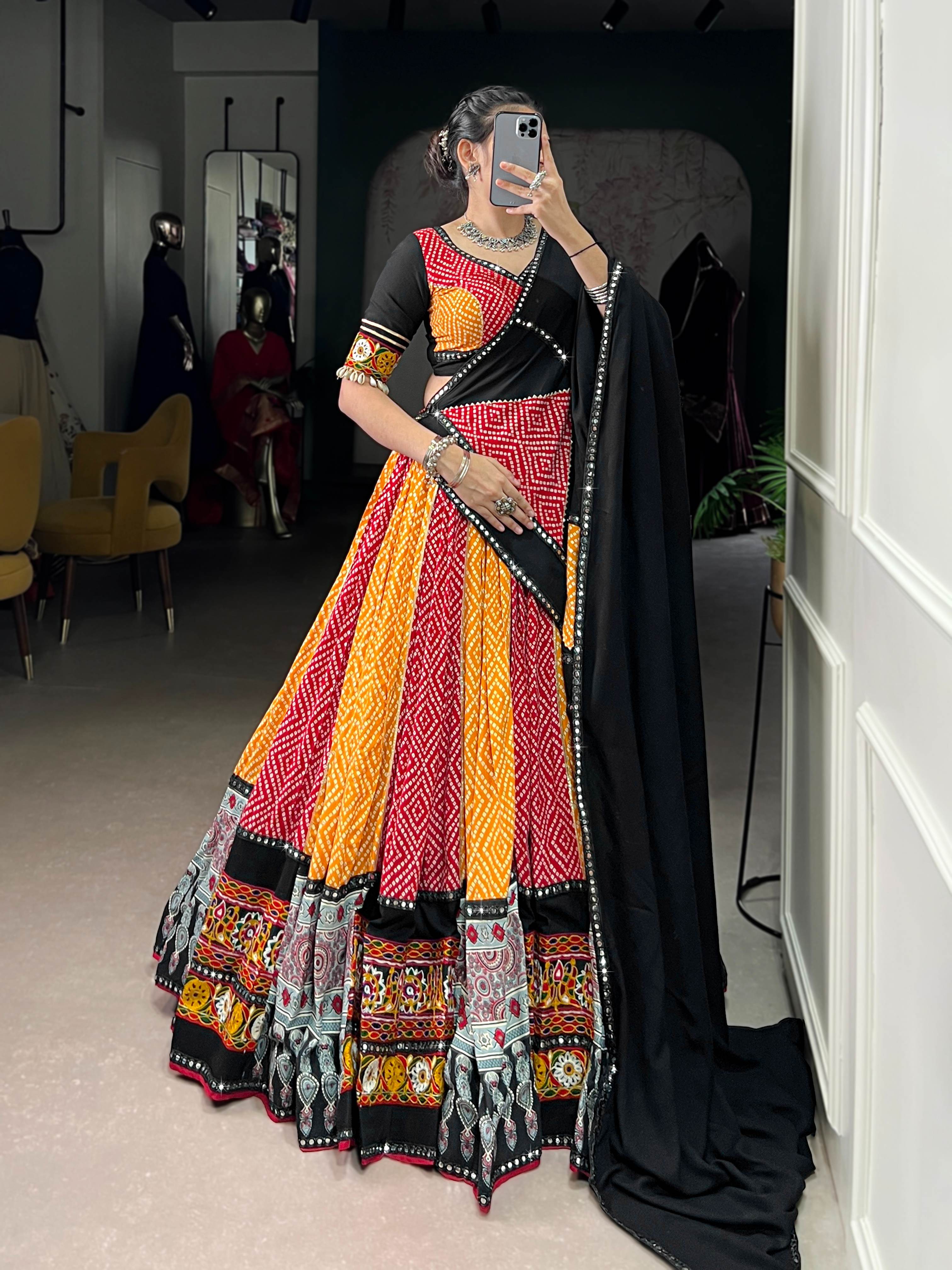 Vibrant Bandhej & Ajarakh Rayon Navratri Lehenga Choli