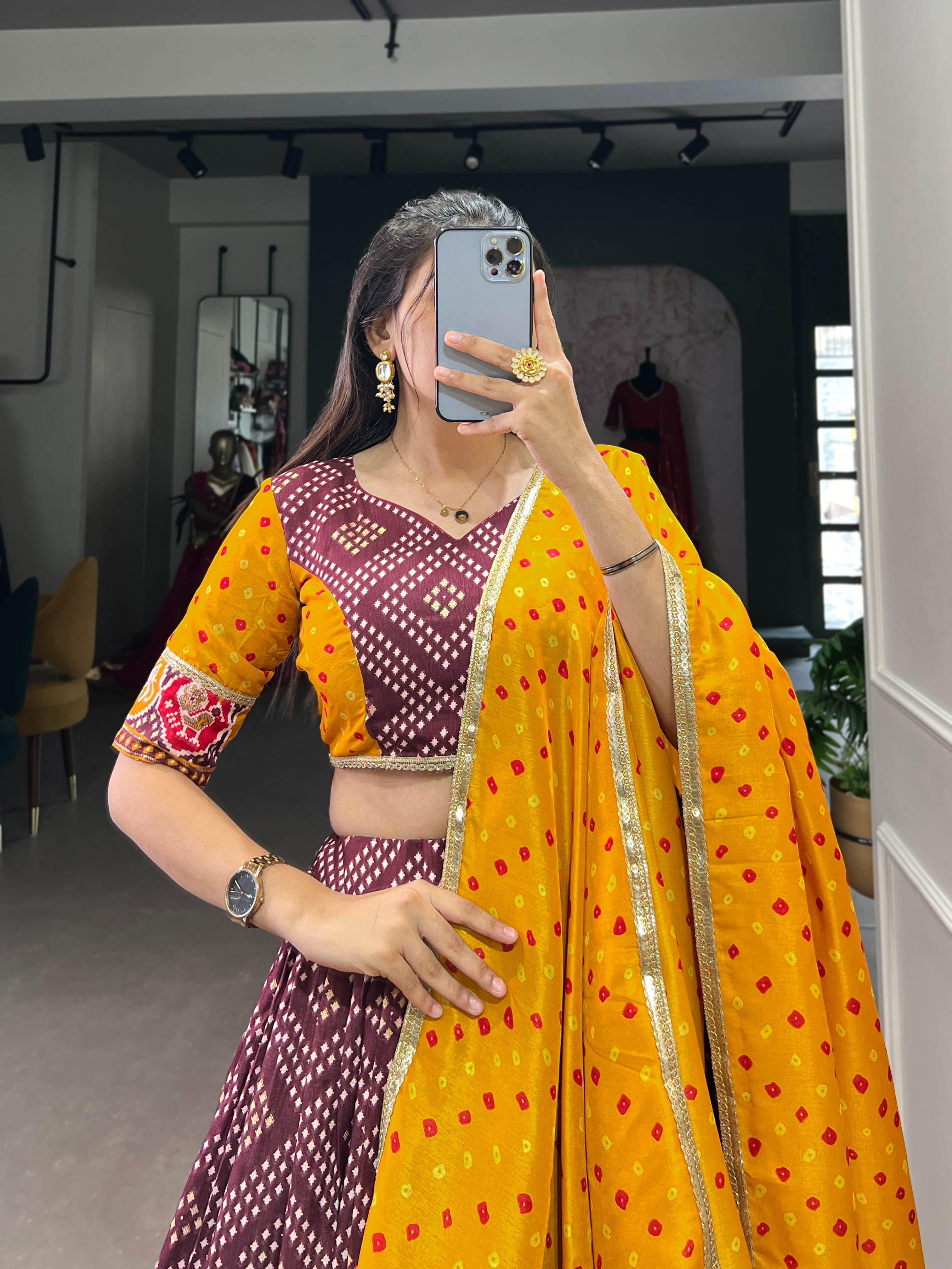 Royal Tasar Silk Bandhej & Patola Print Lehenga Choli