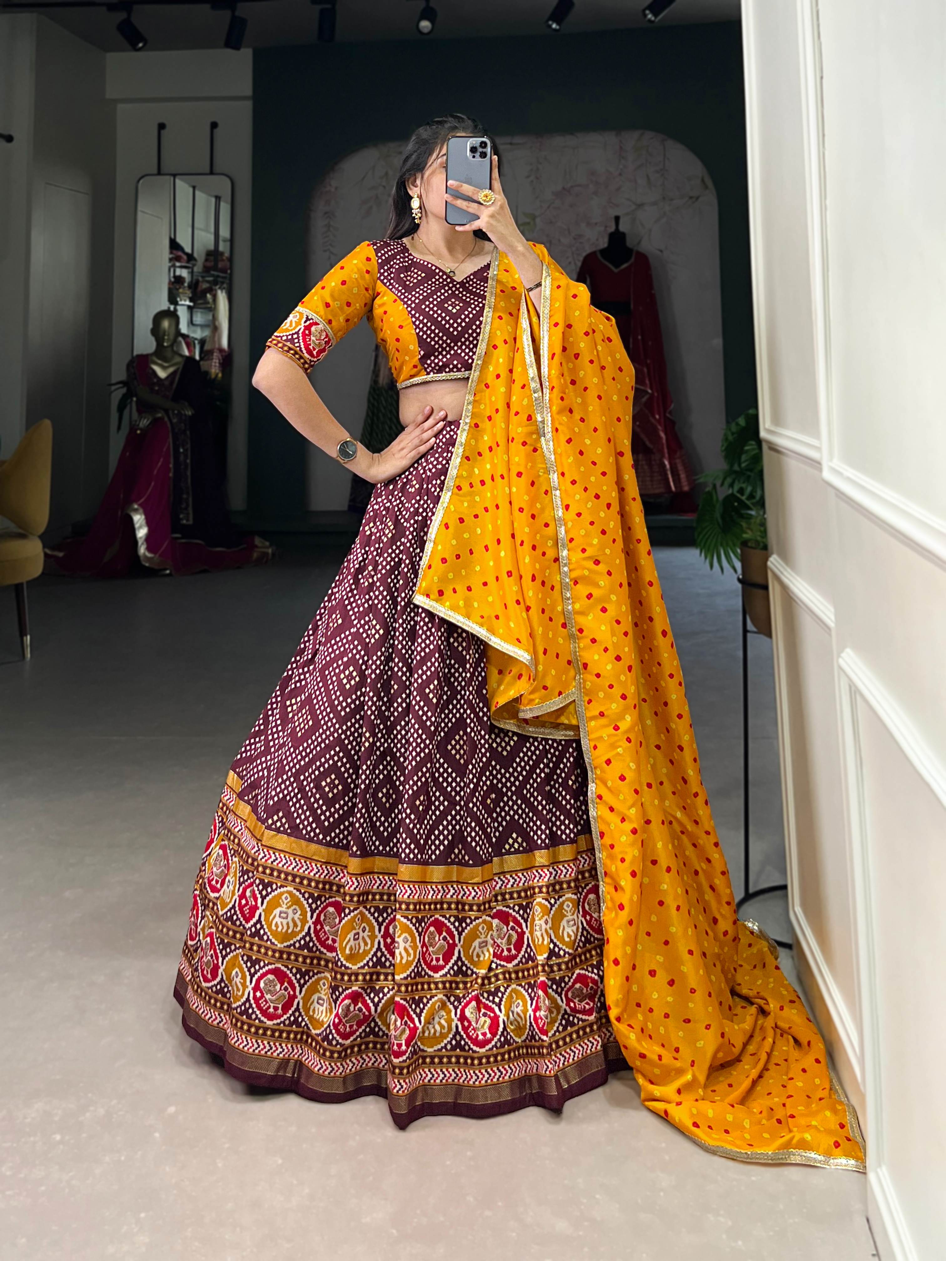 Royal Tasar Silk Bandhej & Patola Print Lehenga Choli
